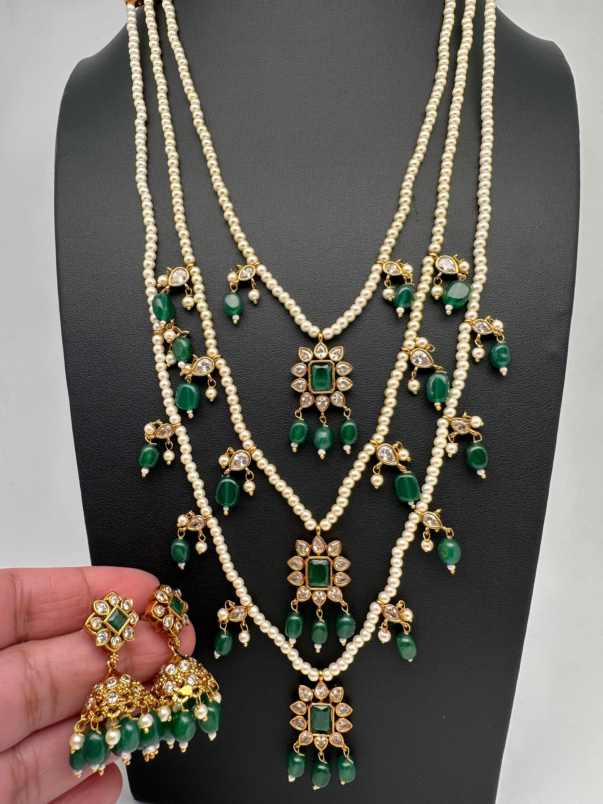 Pearl Multi Layer Color Stone Teen Lada Necklace - Green
