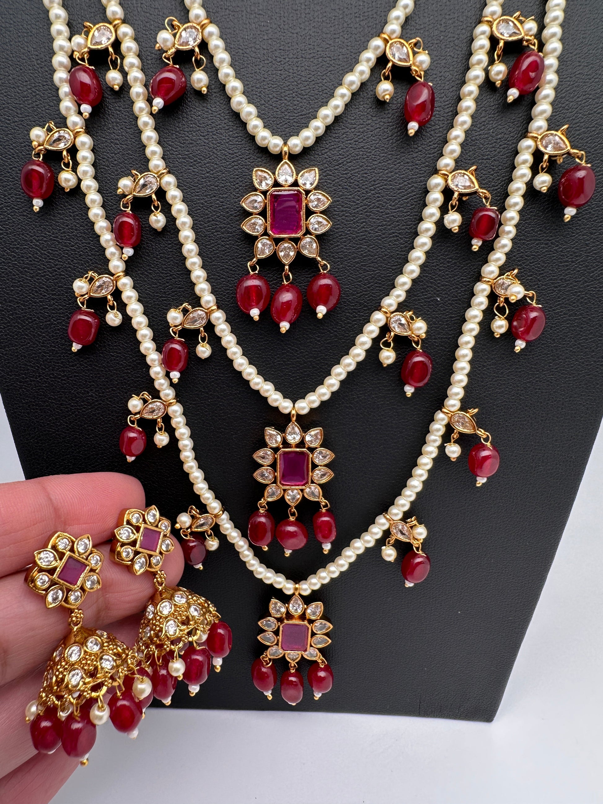 Pearl Multi Layer Color Stone Teen Lada Necklace - Red