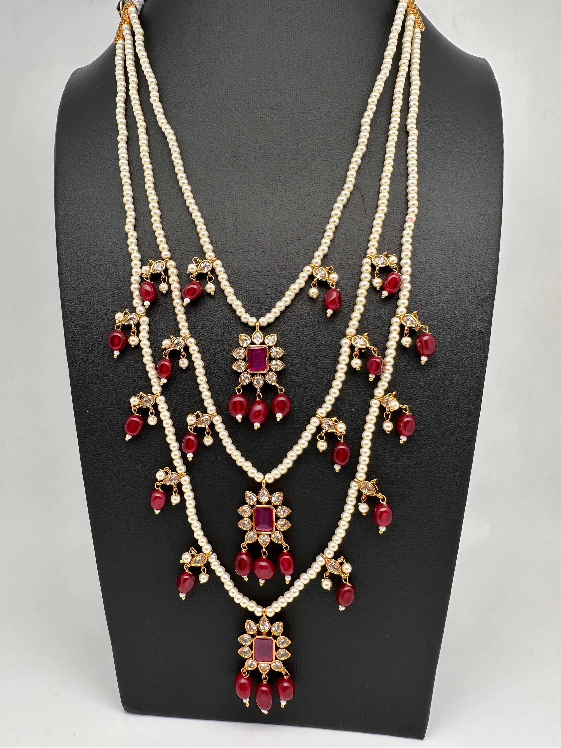 Pearl Multi Layer Color Stone Teen Lada Necklace - Red