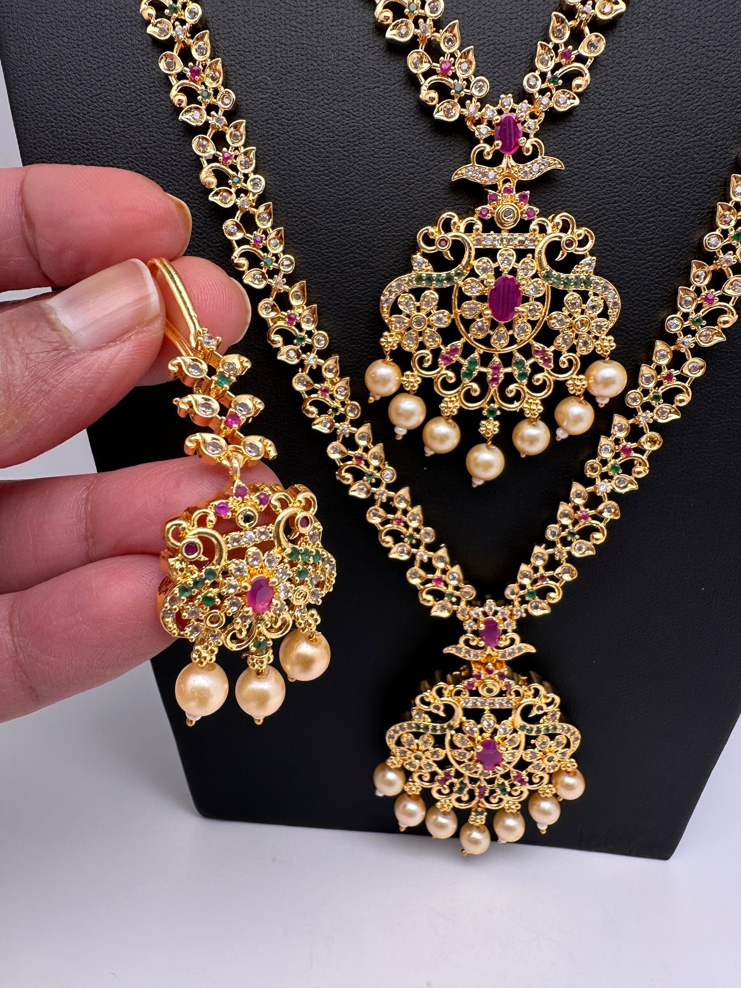 American Diamond Golden Red Green Stone Long Short Combo Necklace Set