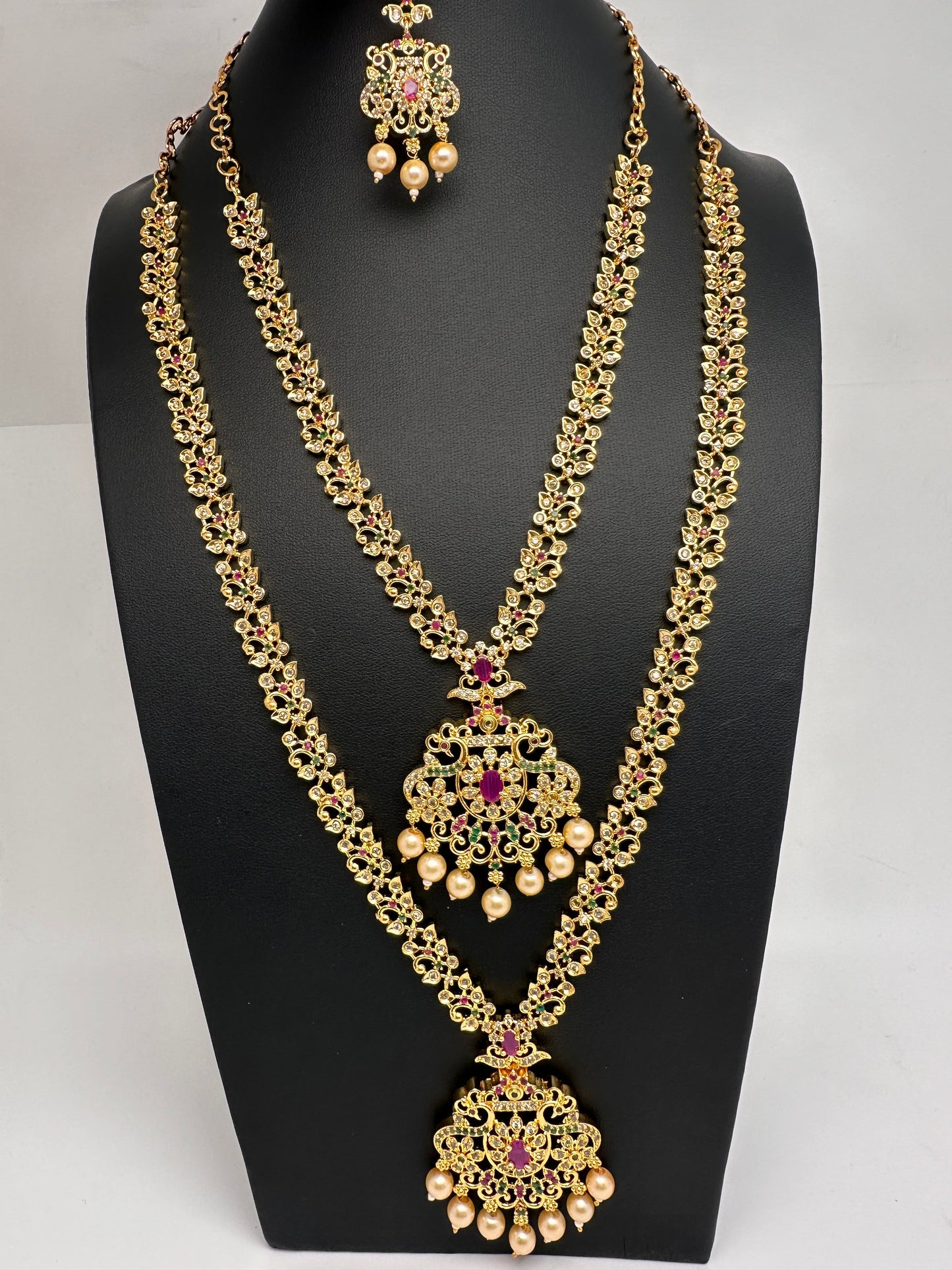 American Diamond Golden Red Green Stone Long Short Combo Necklace Set