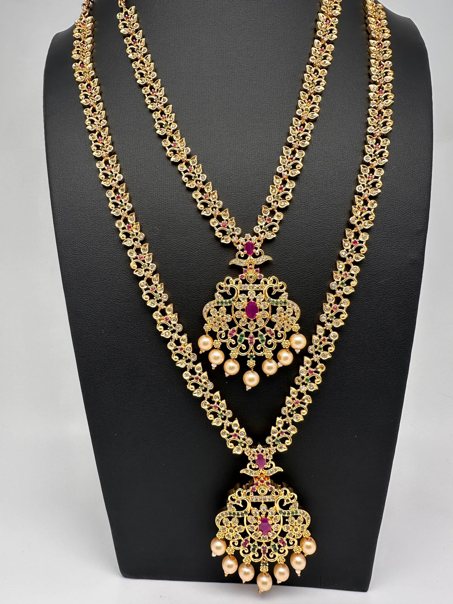American Diamond Golden Red Green Stone Long Short Combo Necklace Set