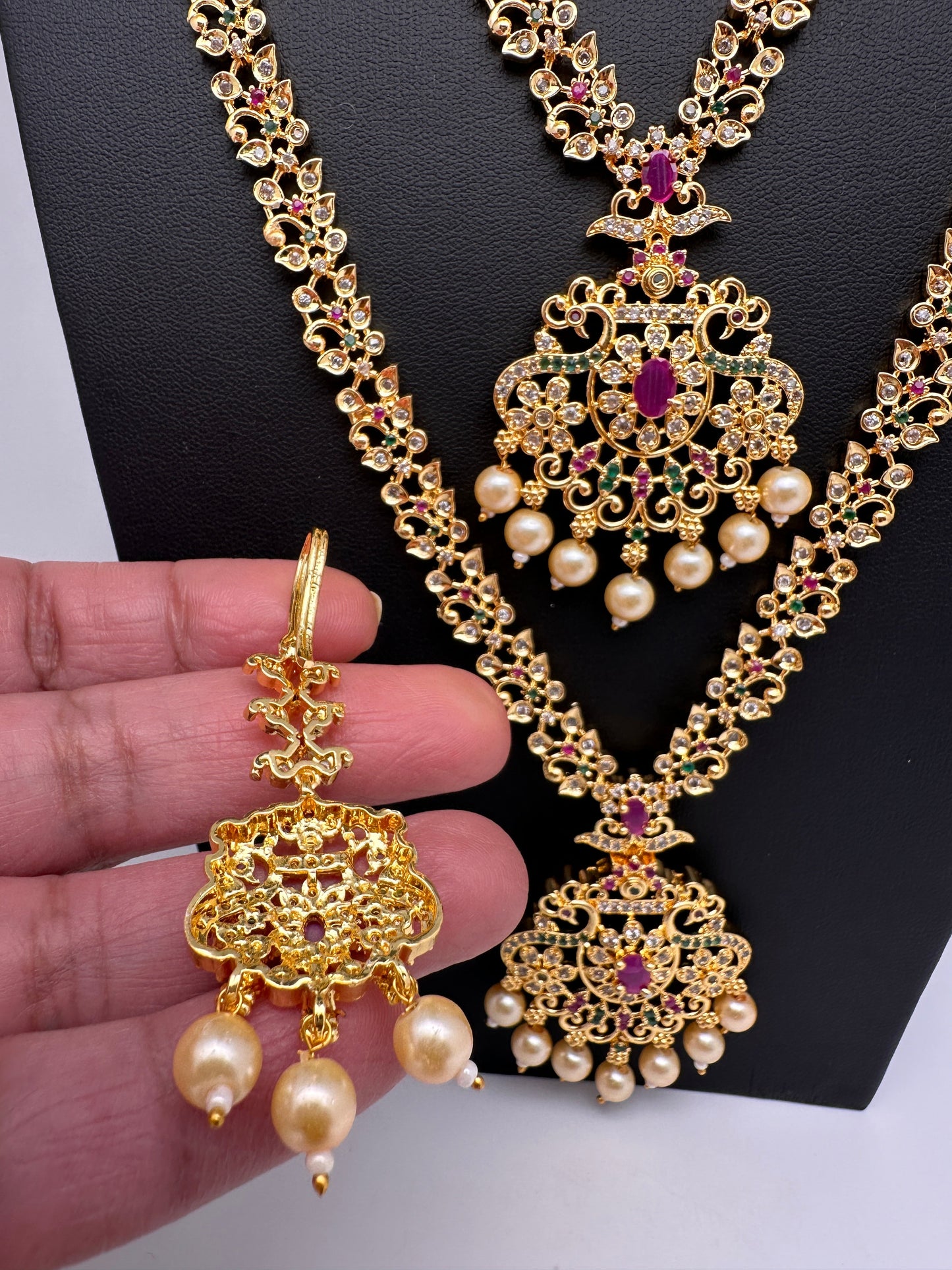 American Diamond Golden Red Green Stone Long Short Combo Necklace Set