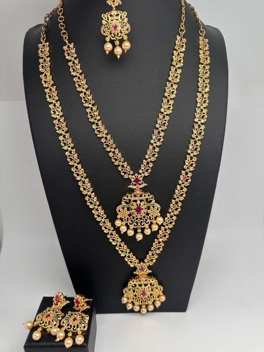 American Diamond Golden Red Green Stone Long Short Combo Necklace Set