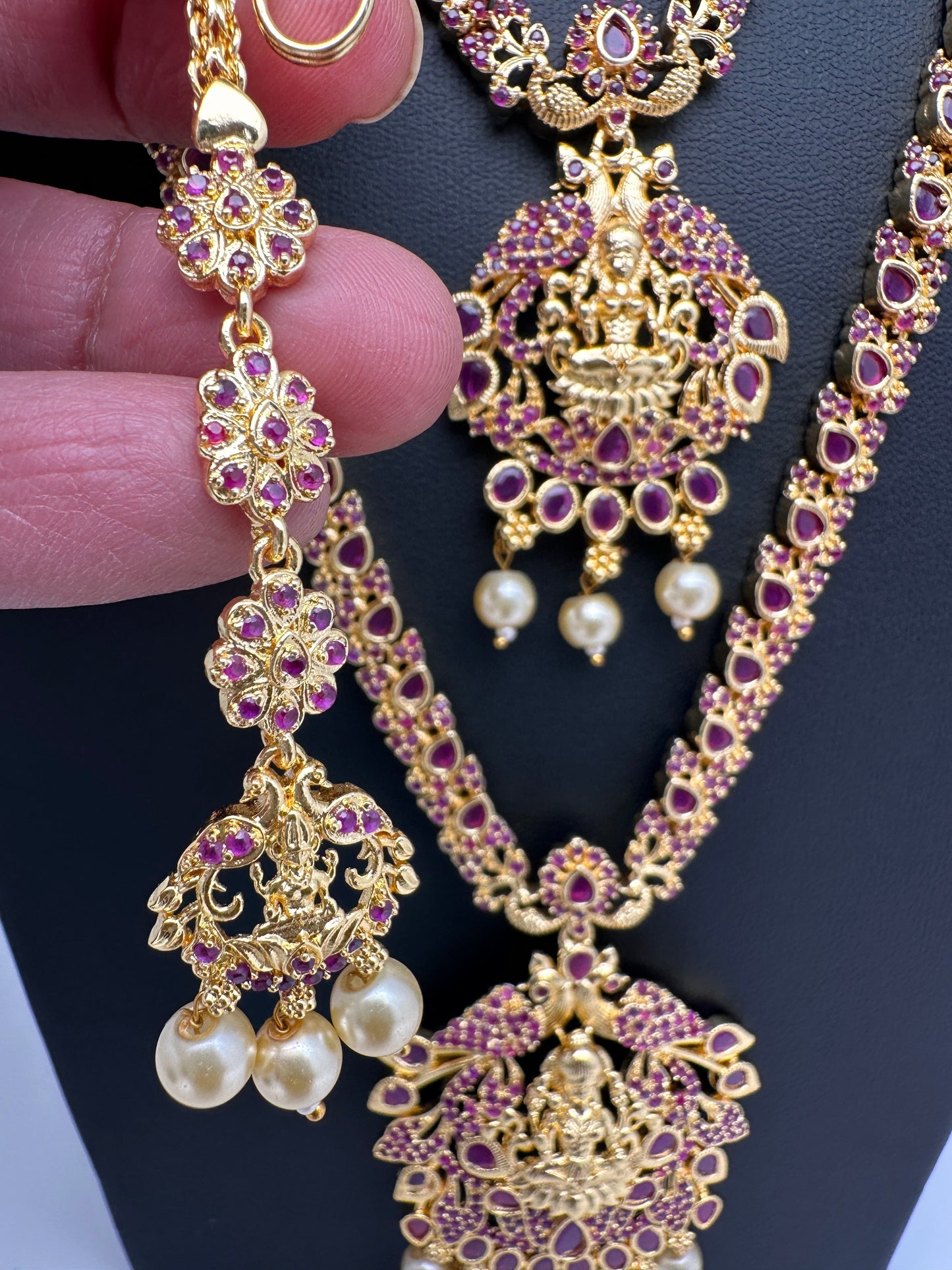 Goddess Lakshmi Red Stone CZ Long Short Combo Necklace Set