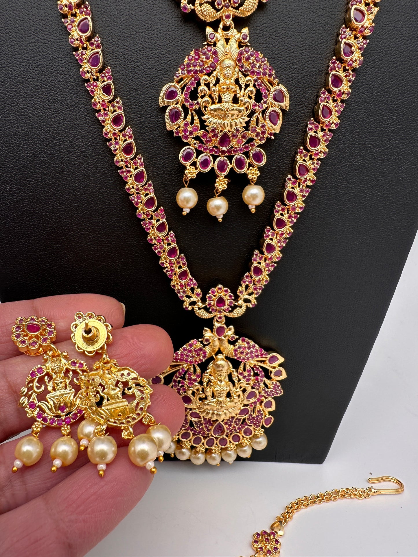Goddess Lakshmi Red Stone CZ Long Short Combo Necklace Set