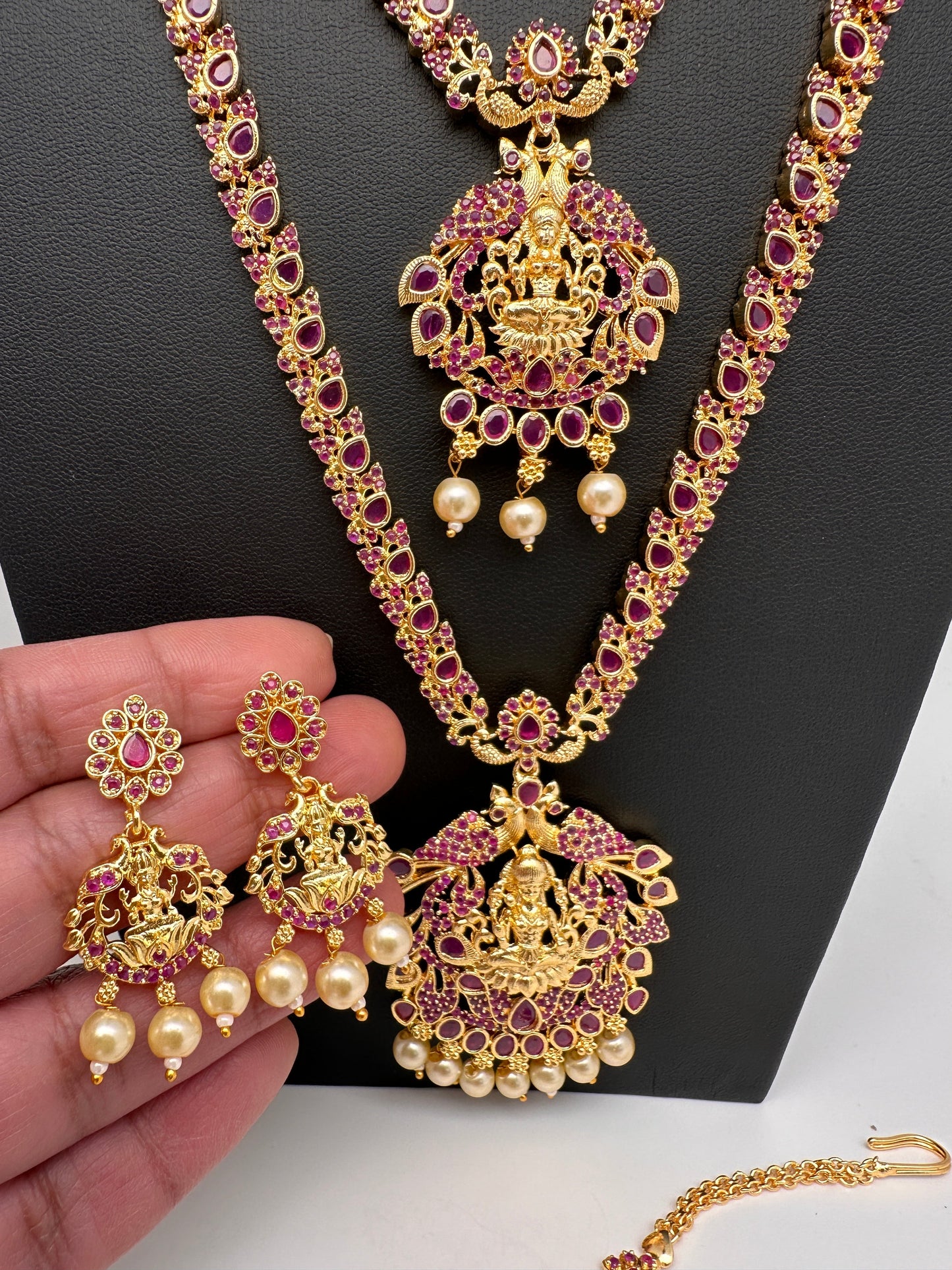 Goddess Lakshmi Red Stone CZ Long Short Combo Necklace Set