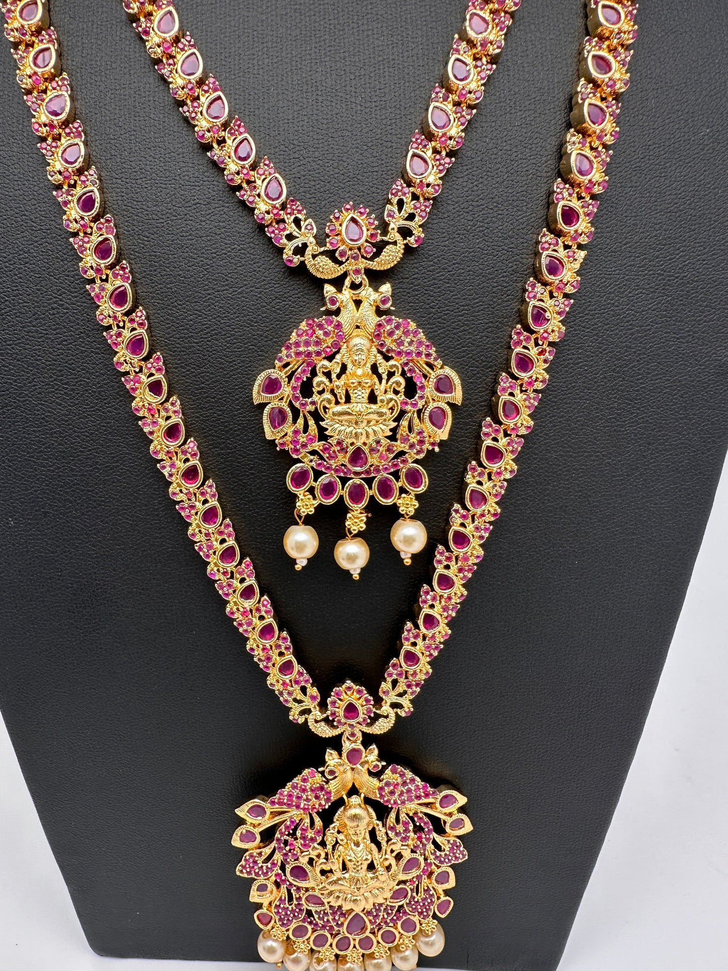 Goddess Lakshmi Red Stone CZ Long Short Combo Necklace Set