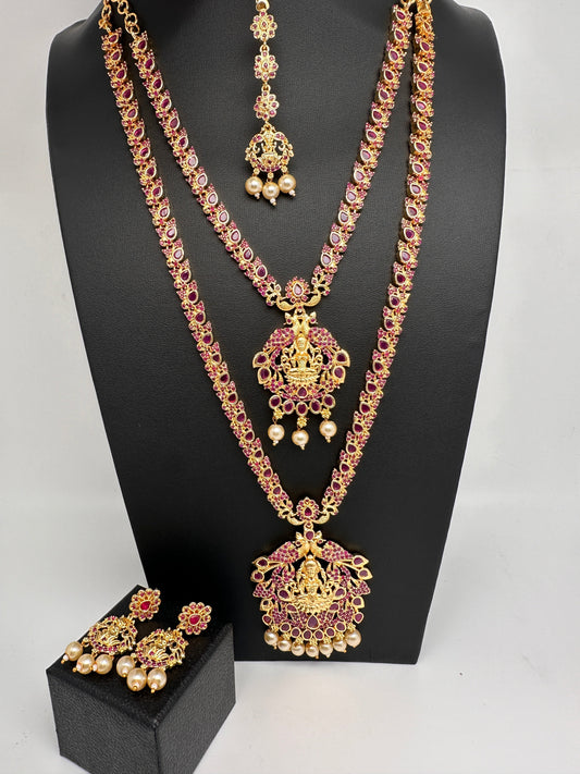 Goddess Lakshmi Red Stone CZ Long Short Combo Necklace Set