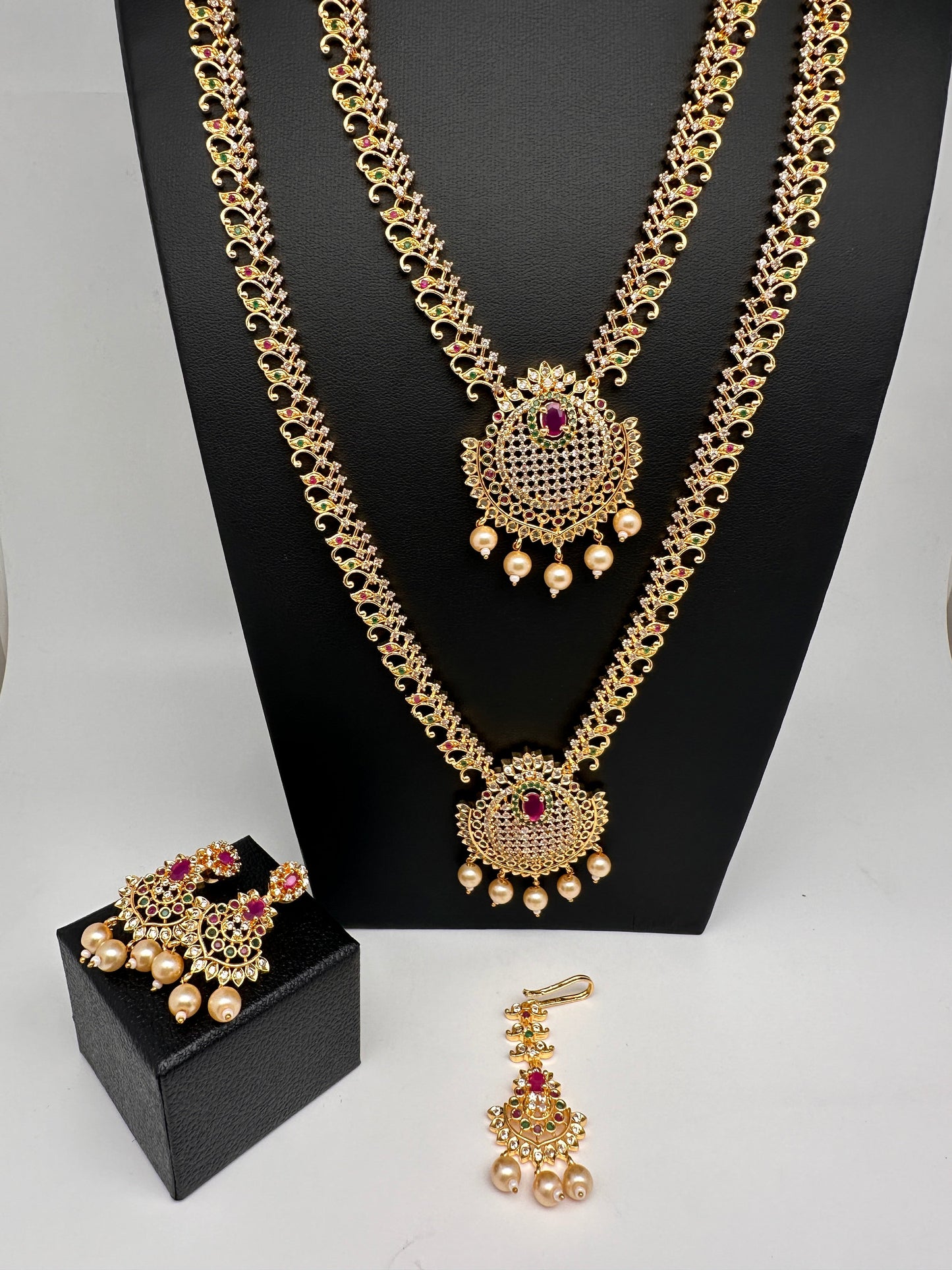 CZ Multi Stone Long Short Combo Necklace Set