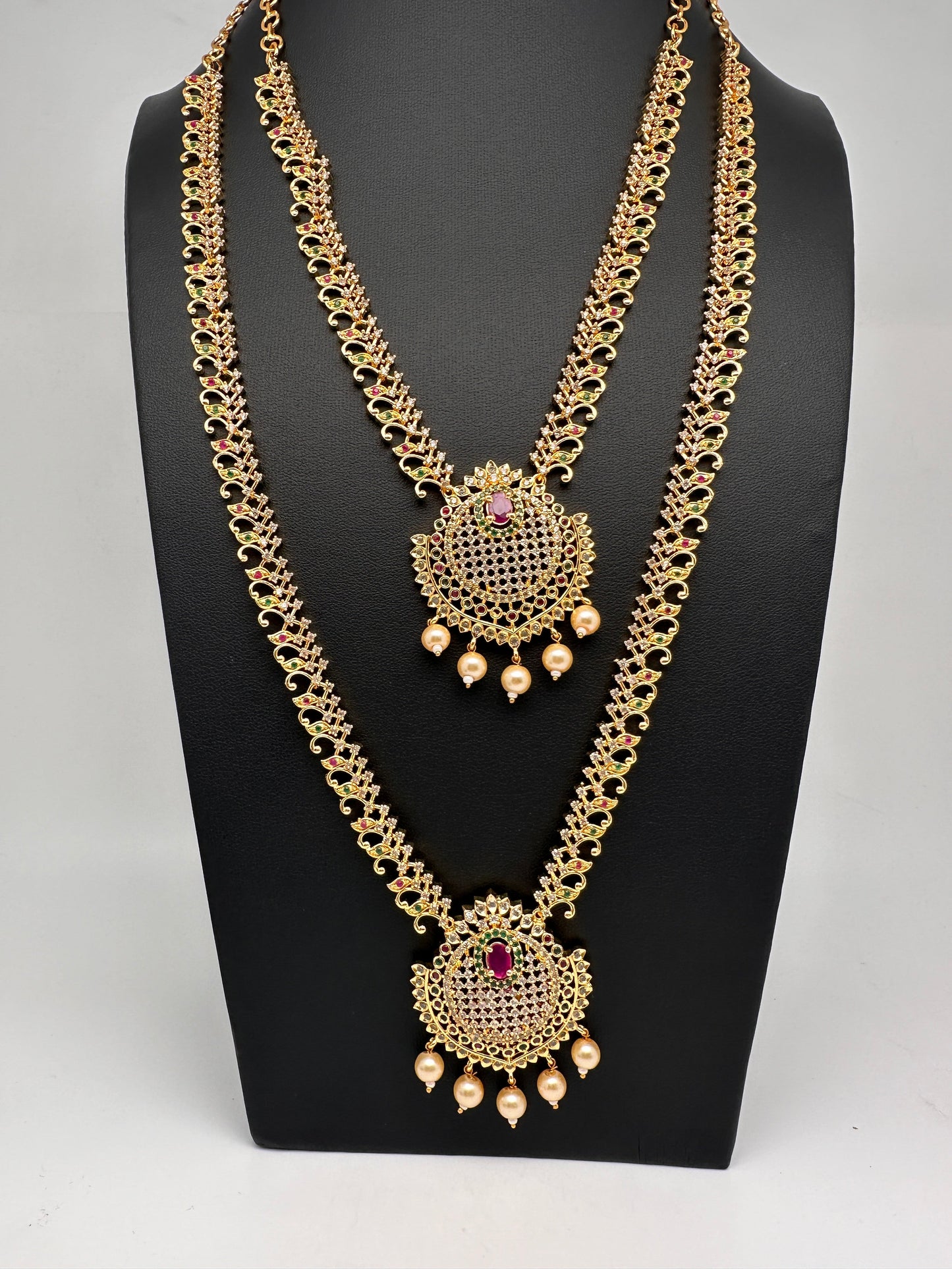 CZ Multi Stone Long Short Combo Necklace Set