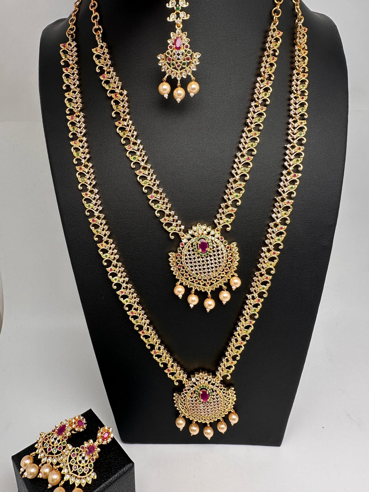 CZ Multi Stone Long Short Combo Necklace Set