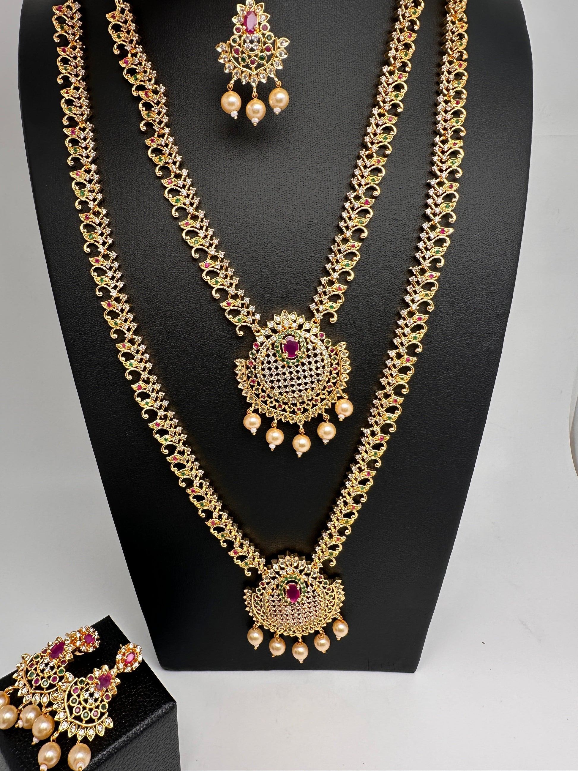 CZ Multi Stone Long Short Combo Necklace Set