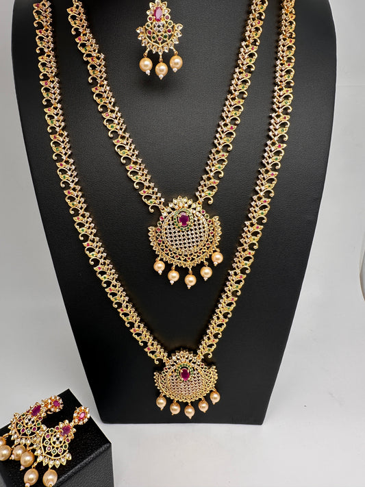 CZ Multi Stone Long Short Combo Necklace Set