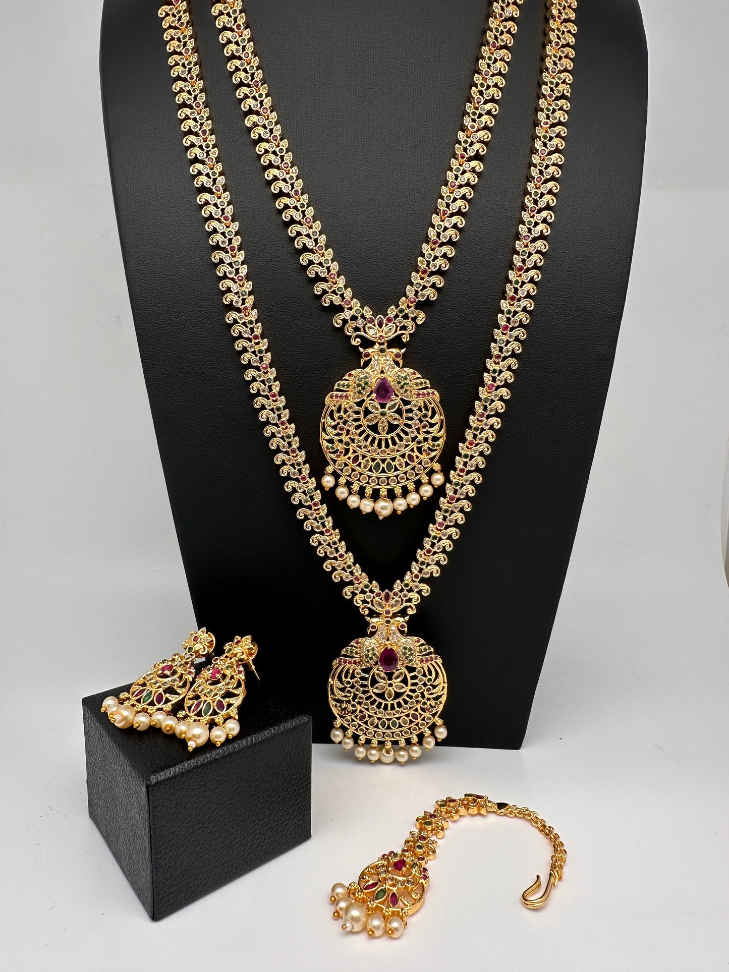 Peacock CZ Multi Stone Long Short Combo Necklace Set