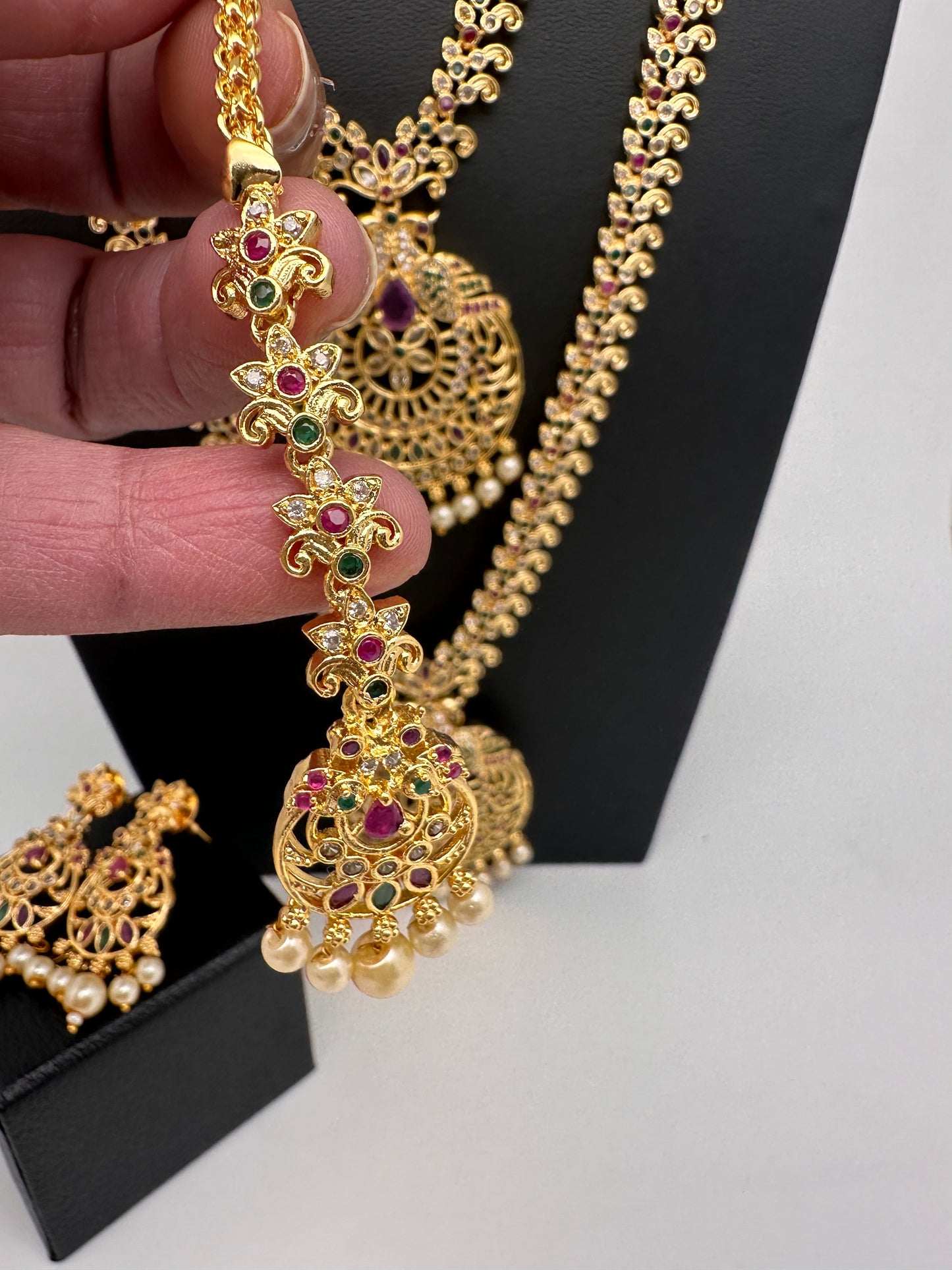 Peacock CZ Multi Stone Long Short Combo Necklace Set