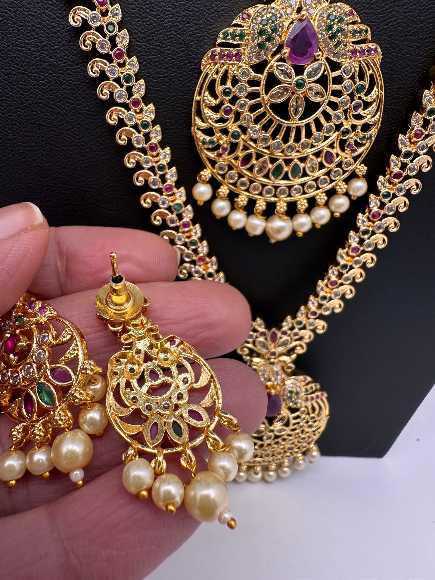 Peacock CZ Multi Stone Long Short Combo Necklace Set