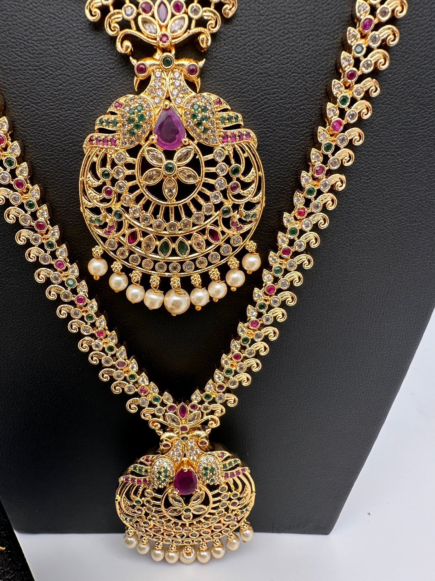 Peacock CZ Multi Stone Long Short Combo Necklace Set
