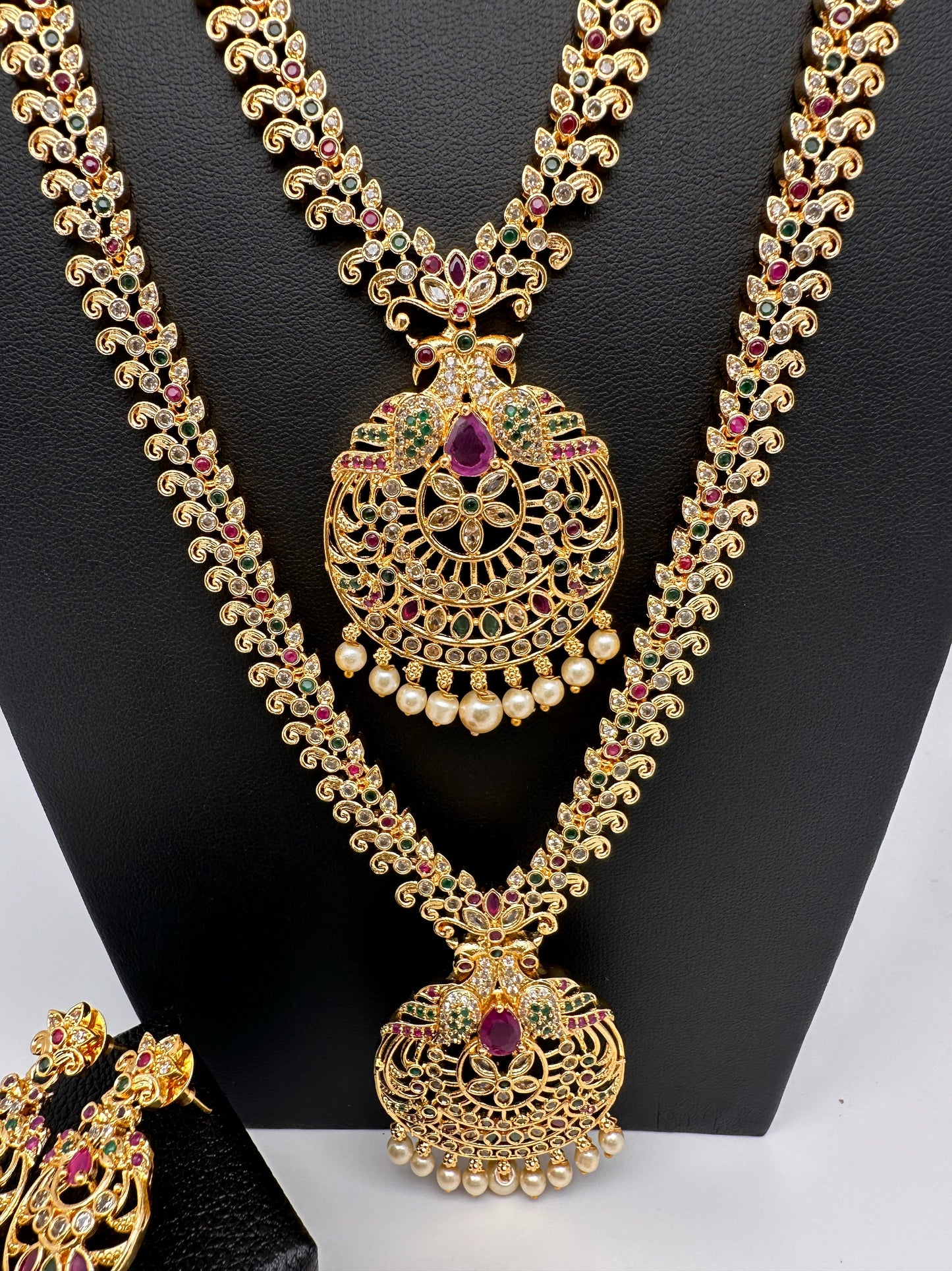 Peacock CZ Multi Stone Long Short Combo Necklace Set