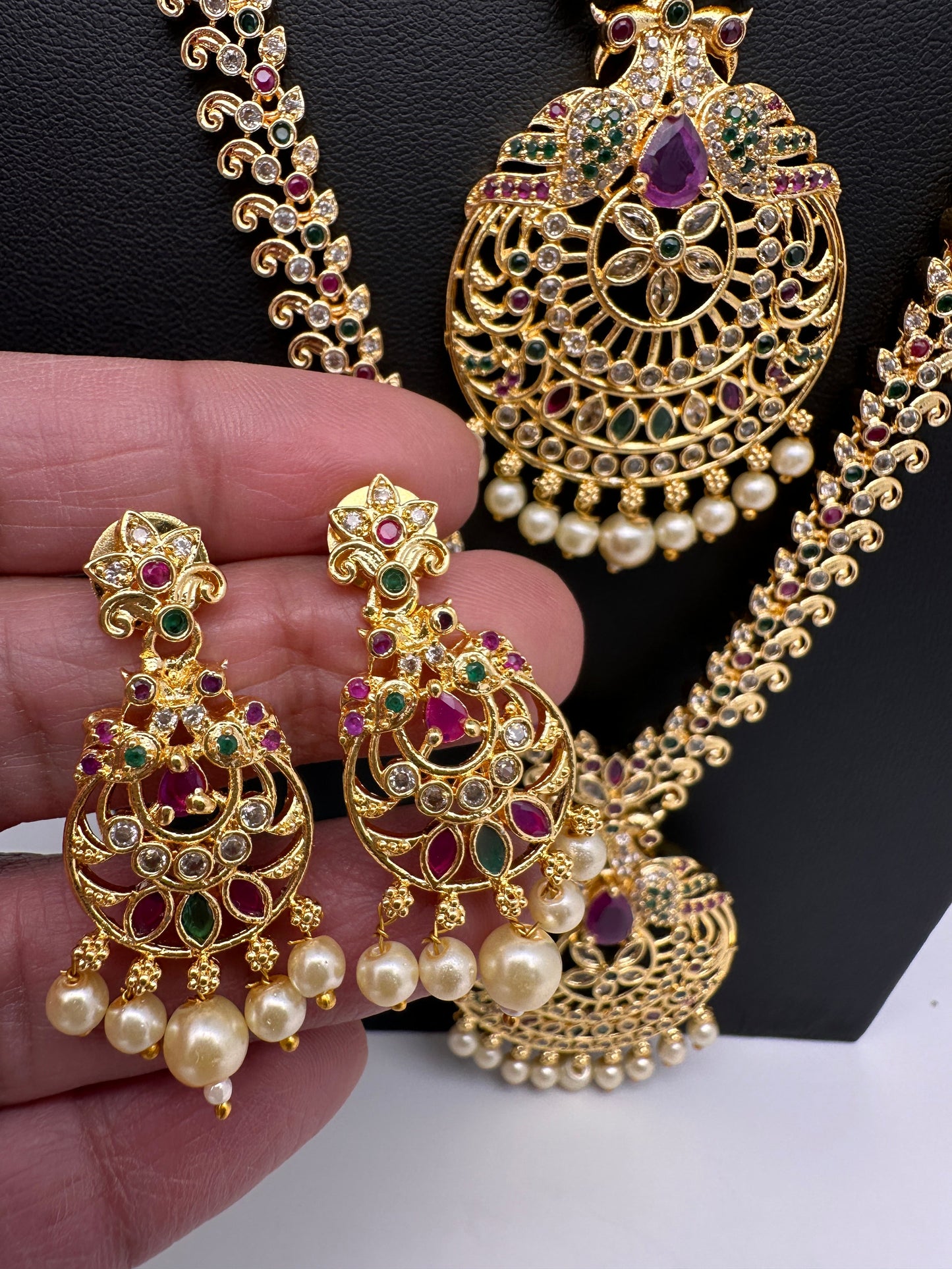 Peacock CZ Multi Stone Long Short Combo Necklace Set