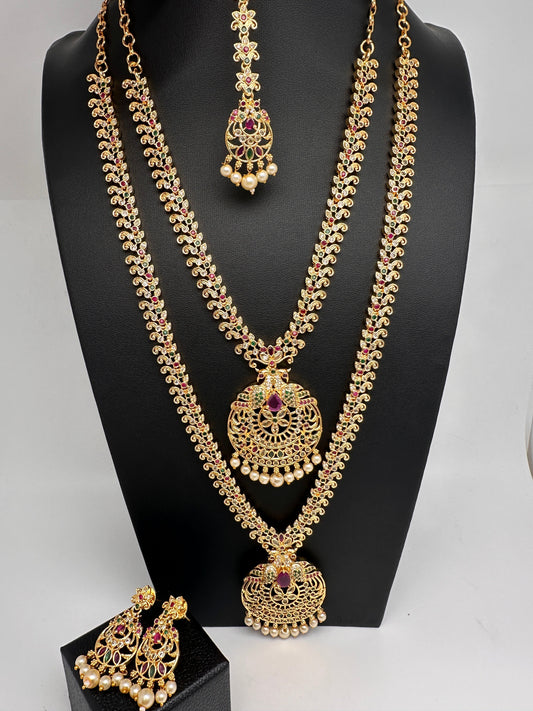 Peacock CZ Multi Stone Long Short Combo Necklace Set