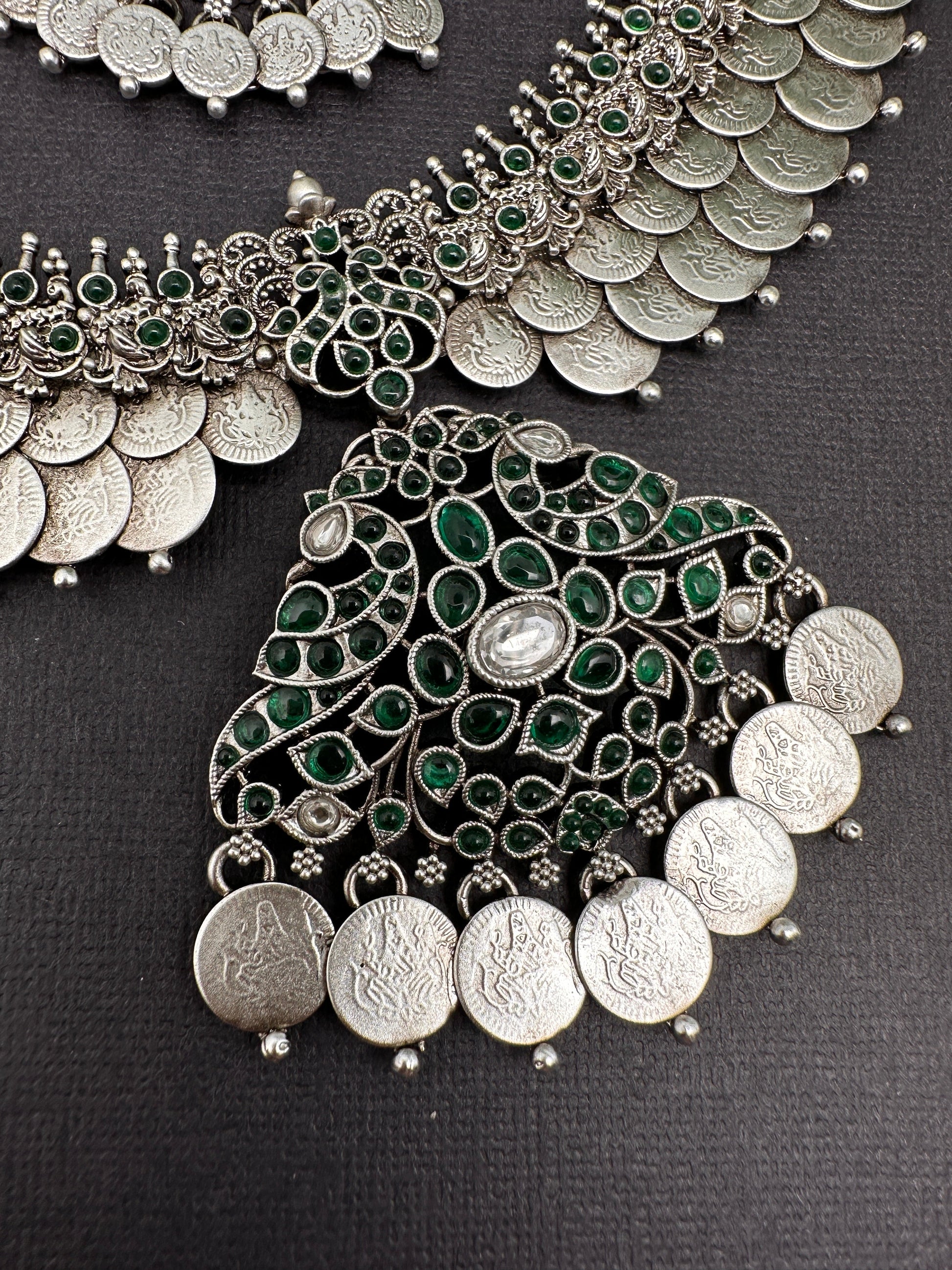 Goddess Lakshmi Kassu Silver Replica Short Necklace - Green