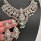 Goddess Lakshmi Peacock Silver Replica Short Necklace - Green