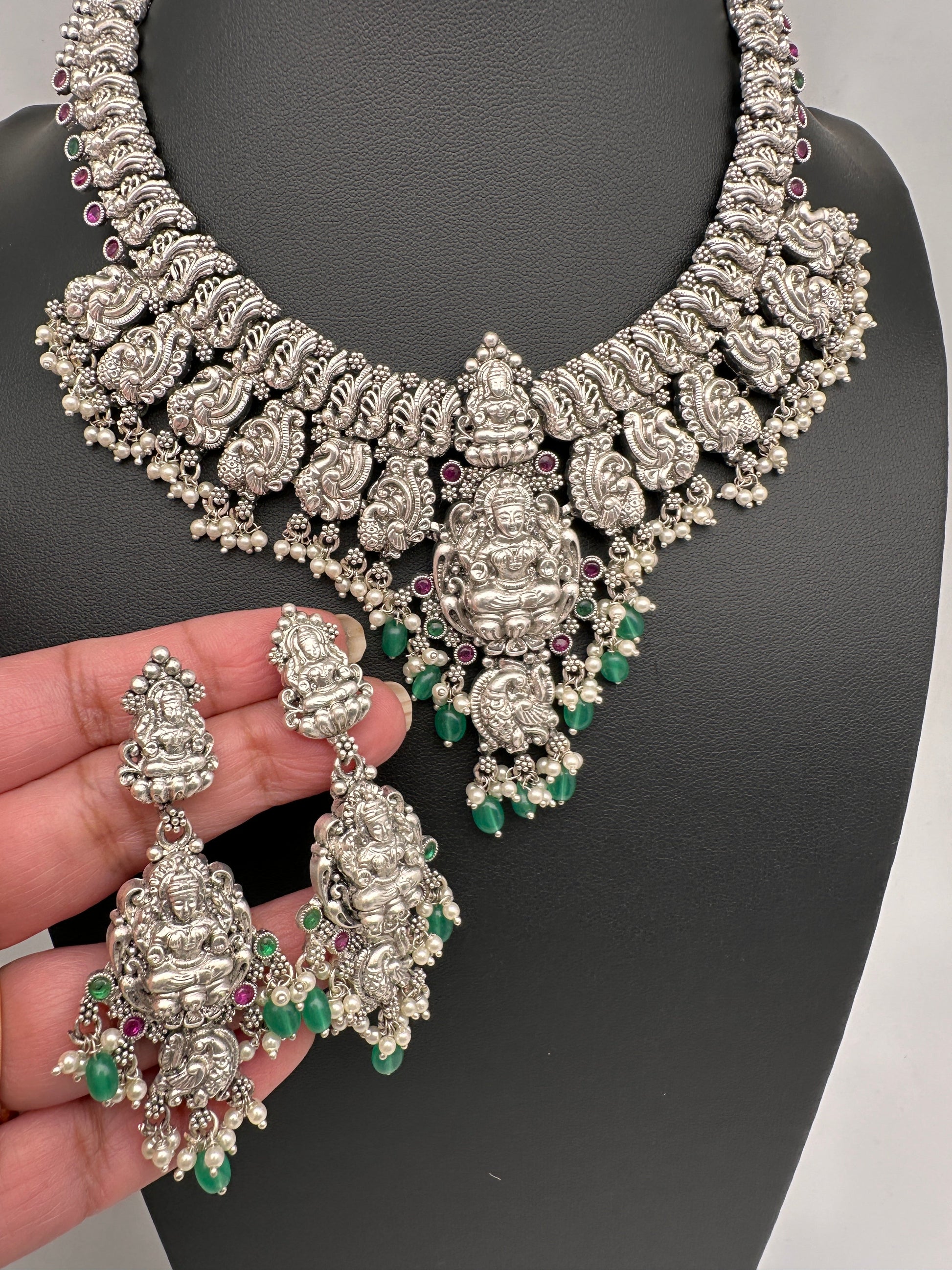 Goddess Lakshmi Peacock Silver Replica Short Necklace - Green