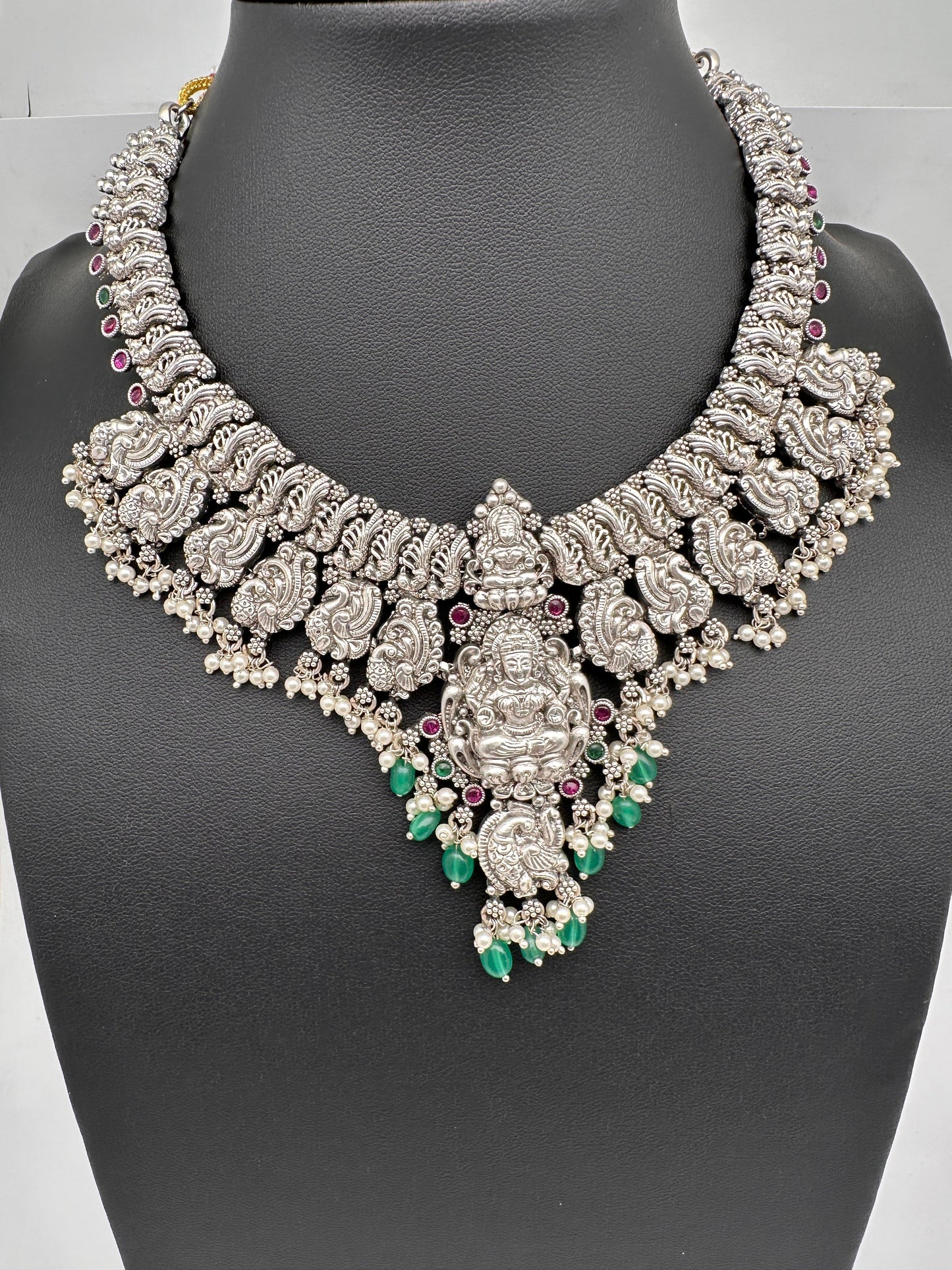 Goddess Lakshmi Peacock Silver Replica Short Necklace - Green