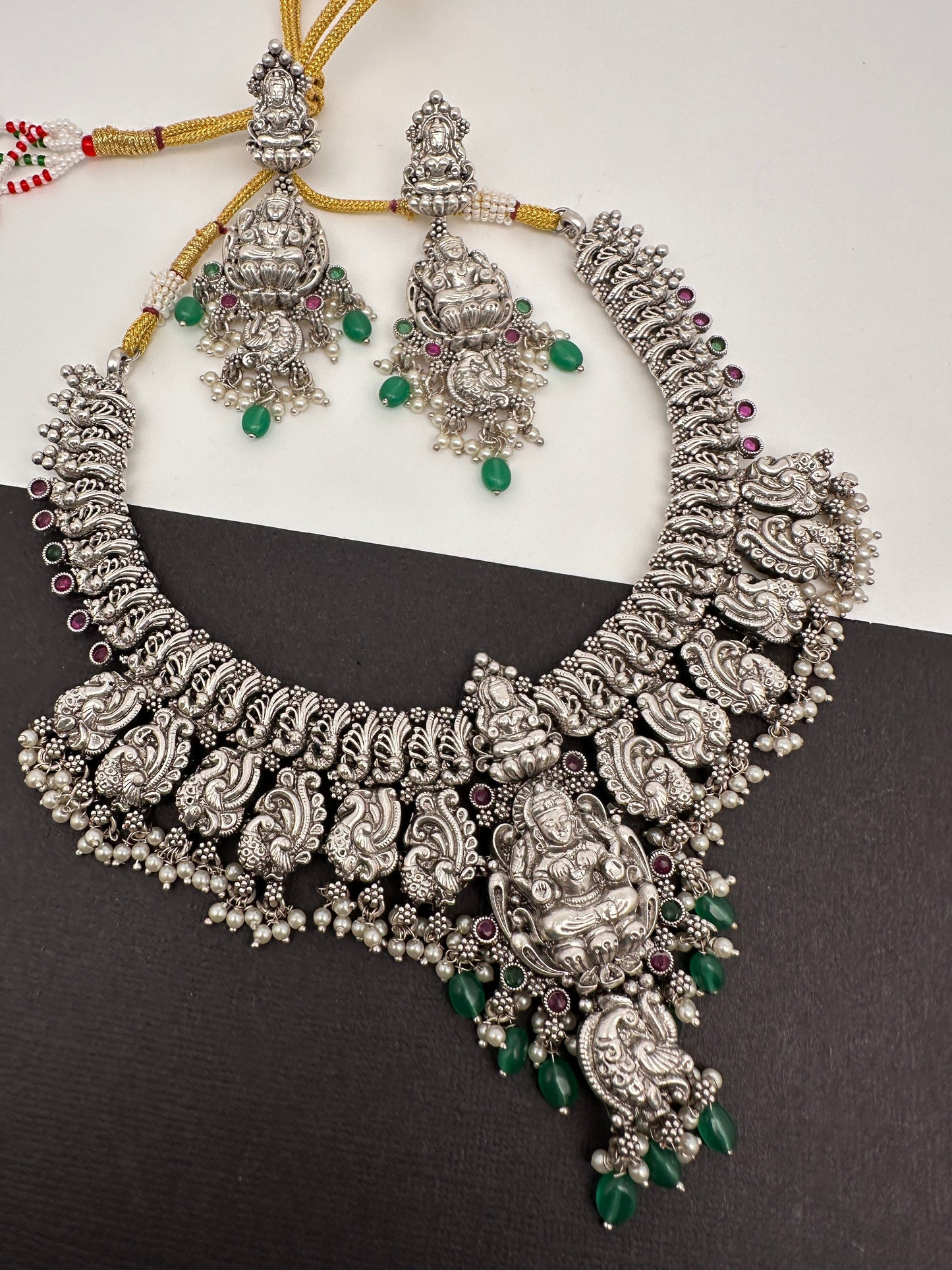 Goddess Lakshmi Peacock Silver Replica Short Necklace - Green