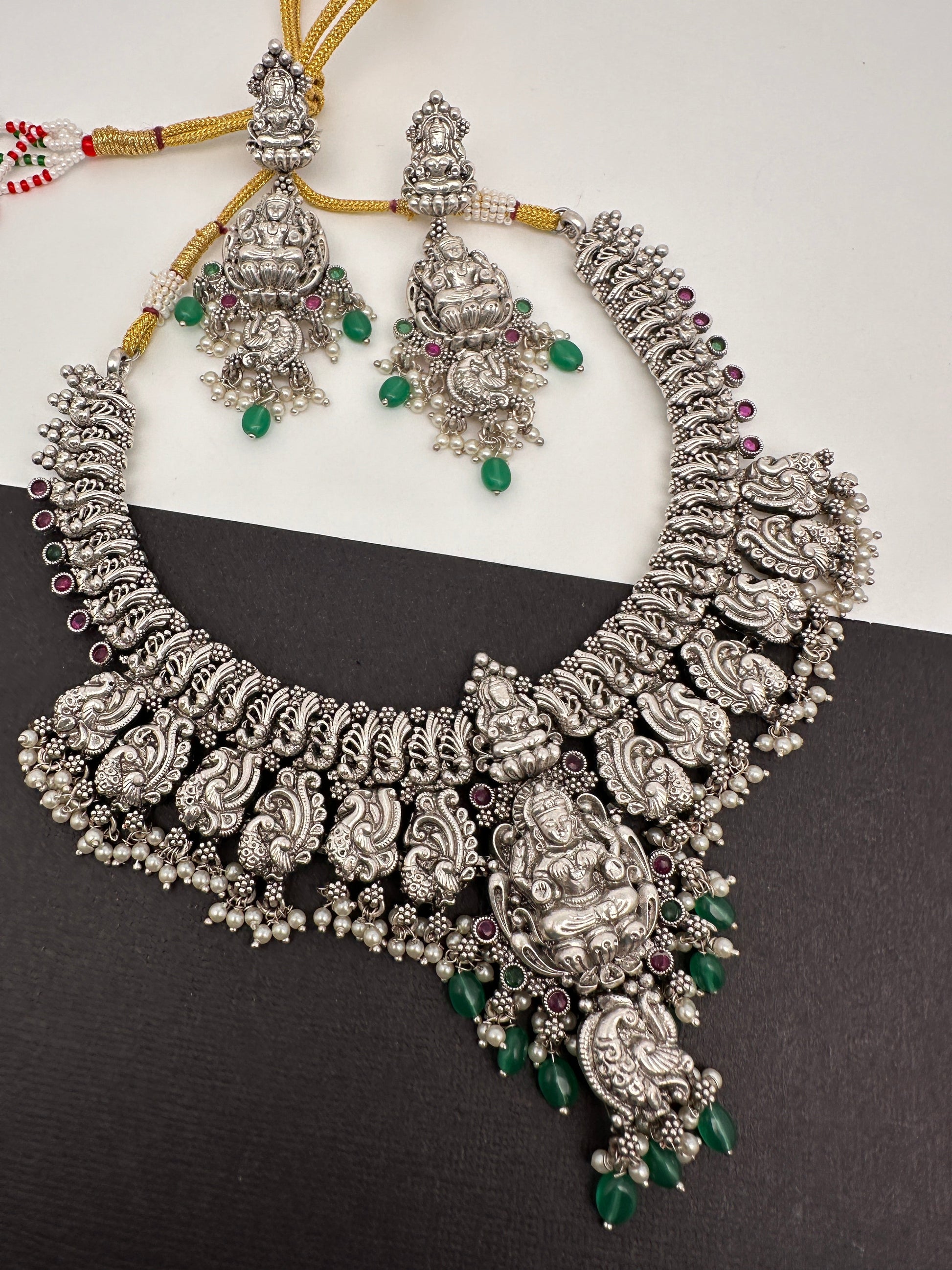 Goddess Lakshmi Peacock Silver Replica Short Necklace - Green