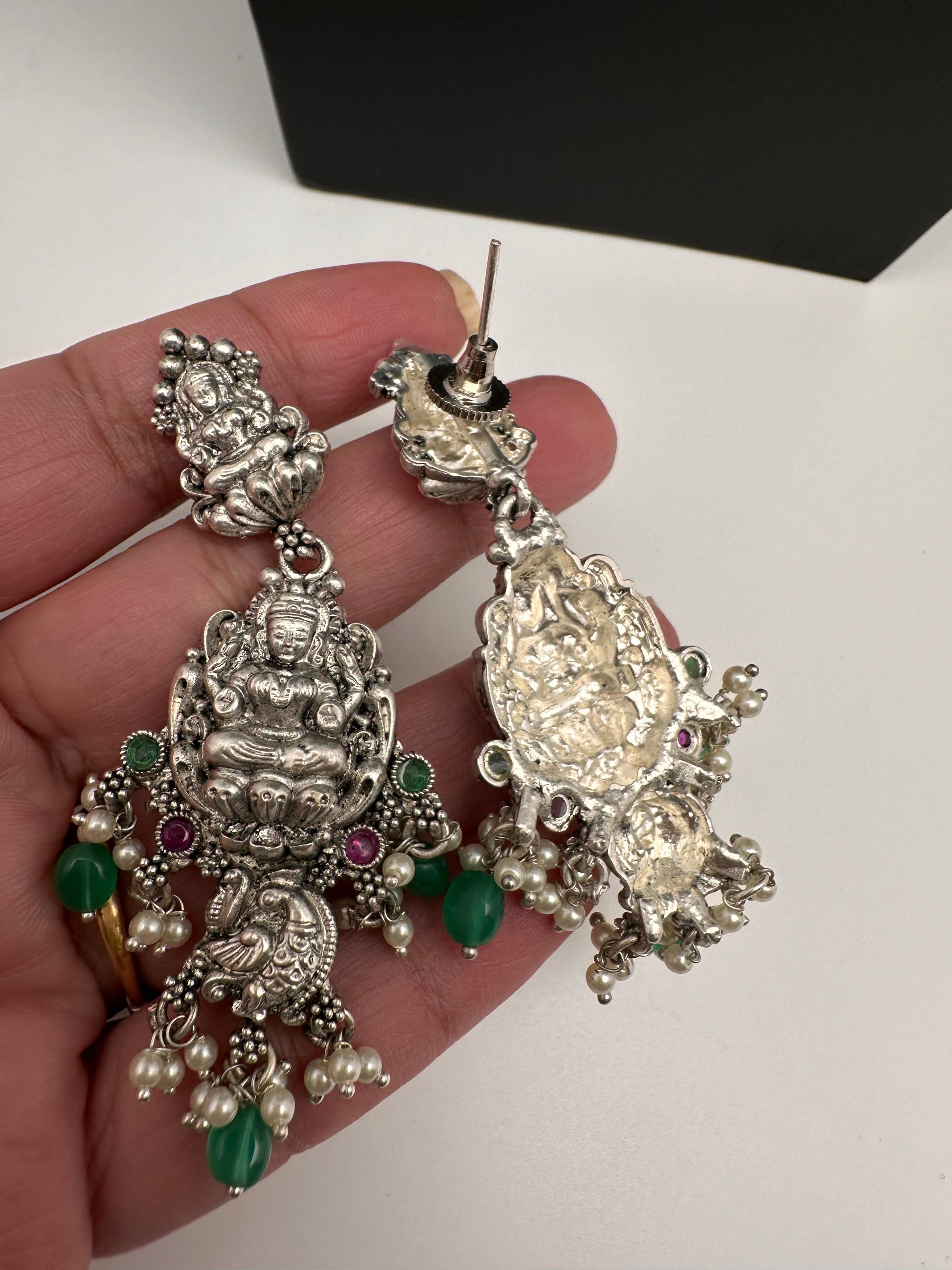 Goddess Lakshmi Peacock Silver Replica Short Necklace - Green
