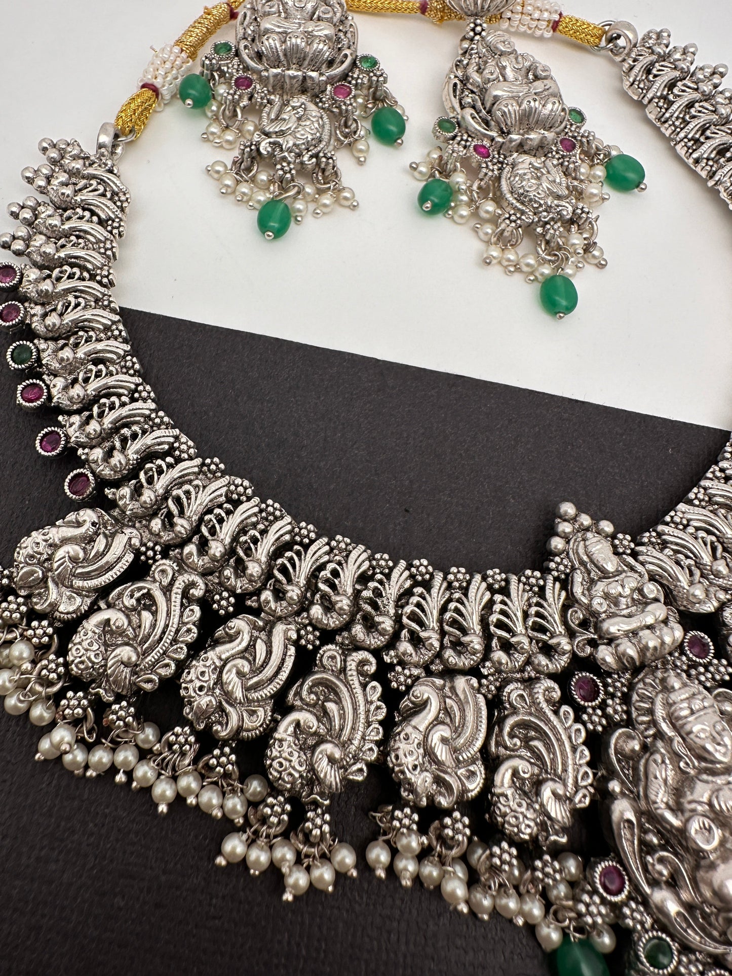 Goddess Lakshmi Peacock Silver Replica Short Necklace - Green