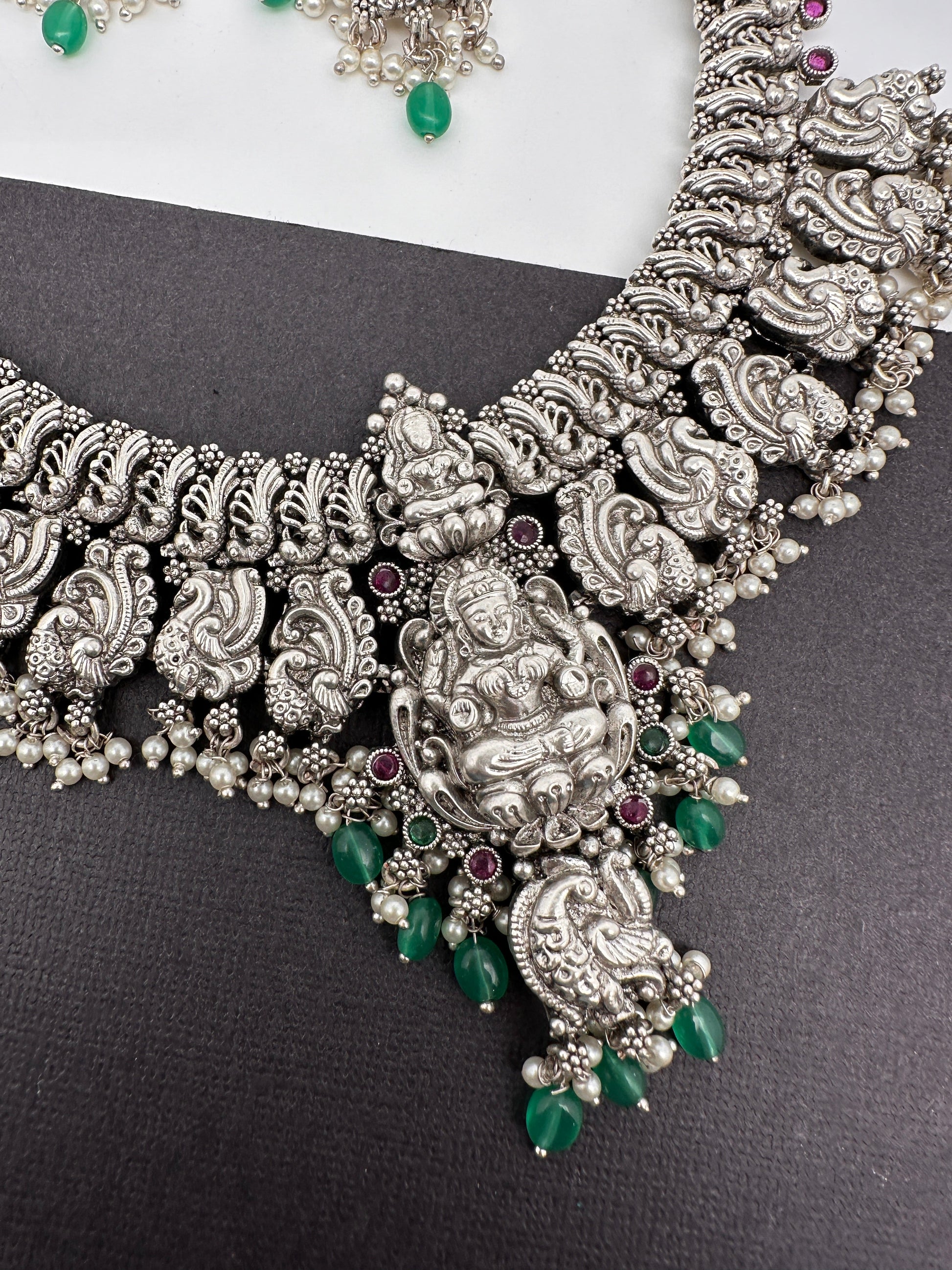 Goddess Lakshmi Peacock Silver Replica Short Necklace - Green