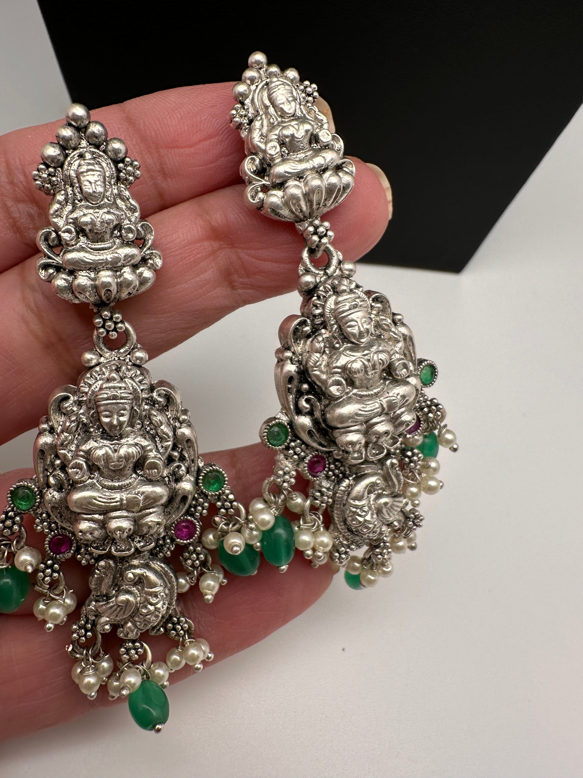 Goddess Lakshmi Peacock Silver Replica Short Necklace - Green
