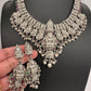 Goddess Lakshmi Peacock Silver Replica Short Necklace - Silver