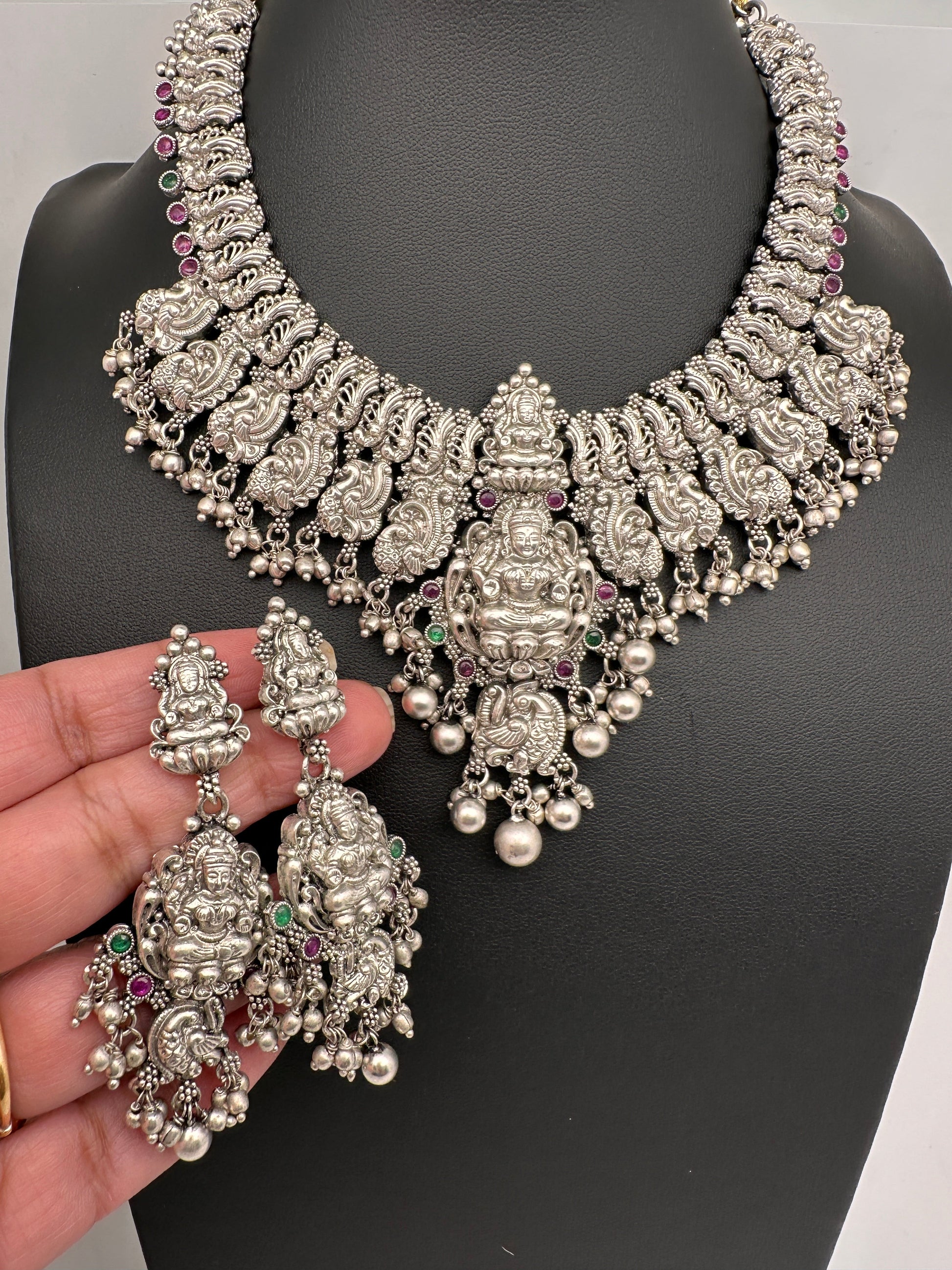 Goddess Lakshmi Peacock Silver Replica Short Necklace - Silver