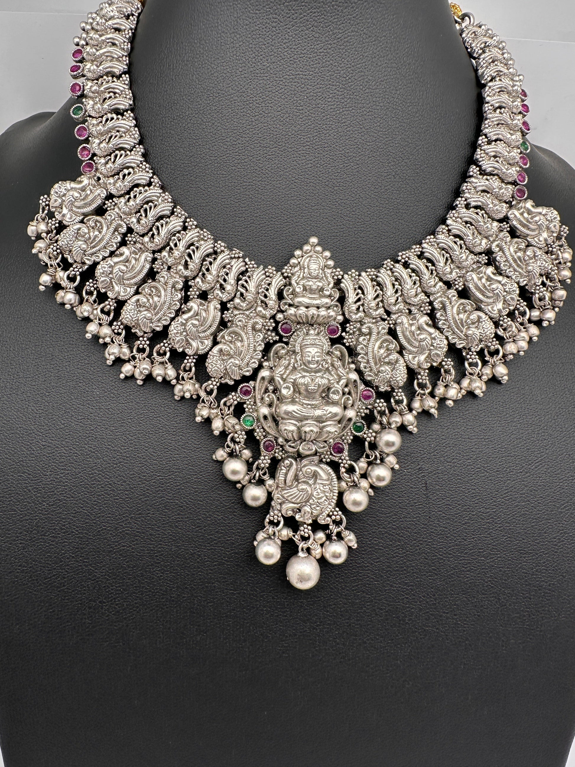 Goddess Lakshmi Peacock Silver Replica Short Necklace - Silver