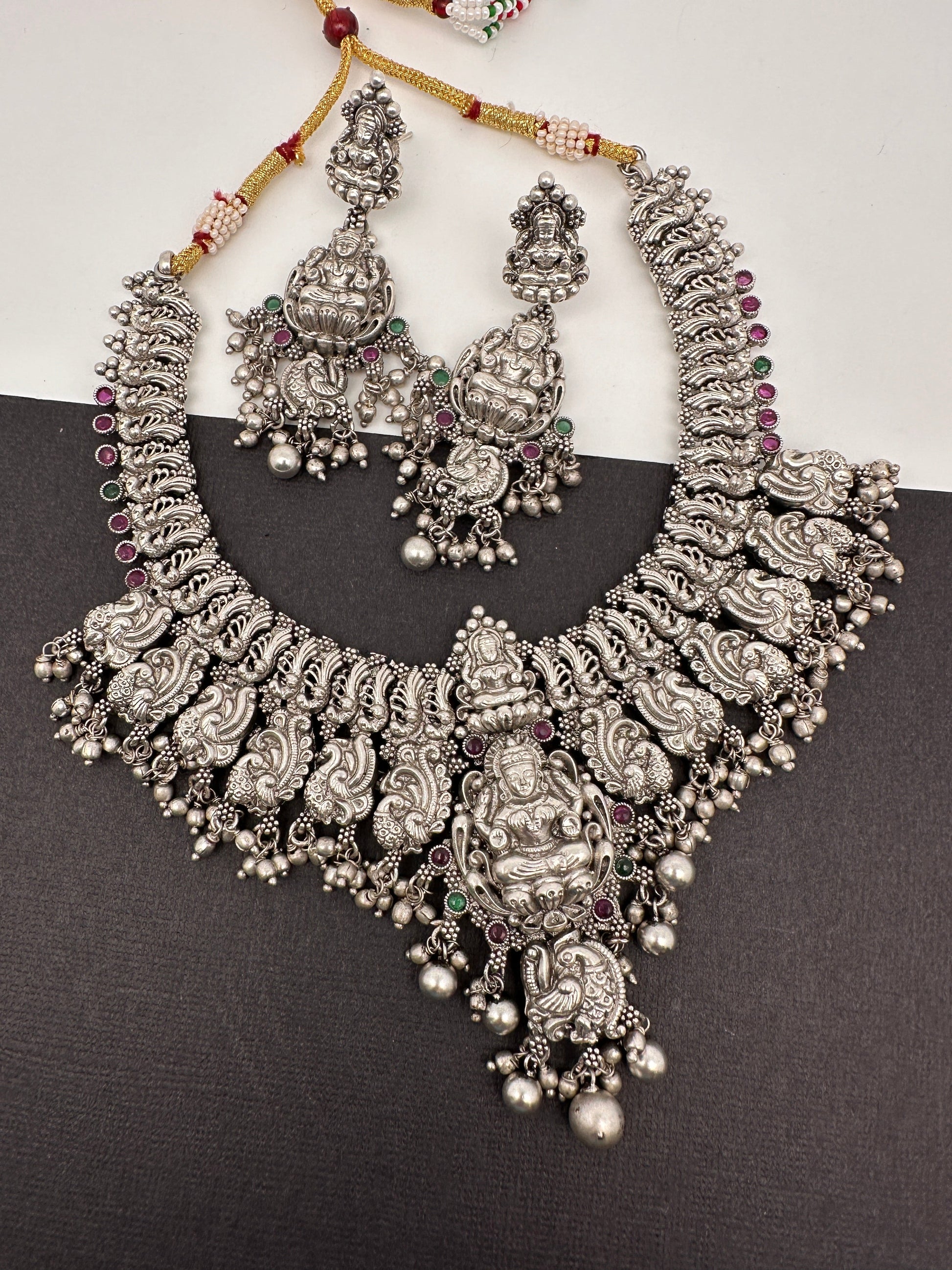 Goddess Lakshmi Peacock Silver Replica Short Necklace - Silver