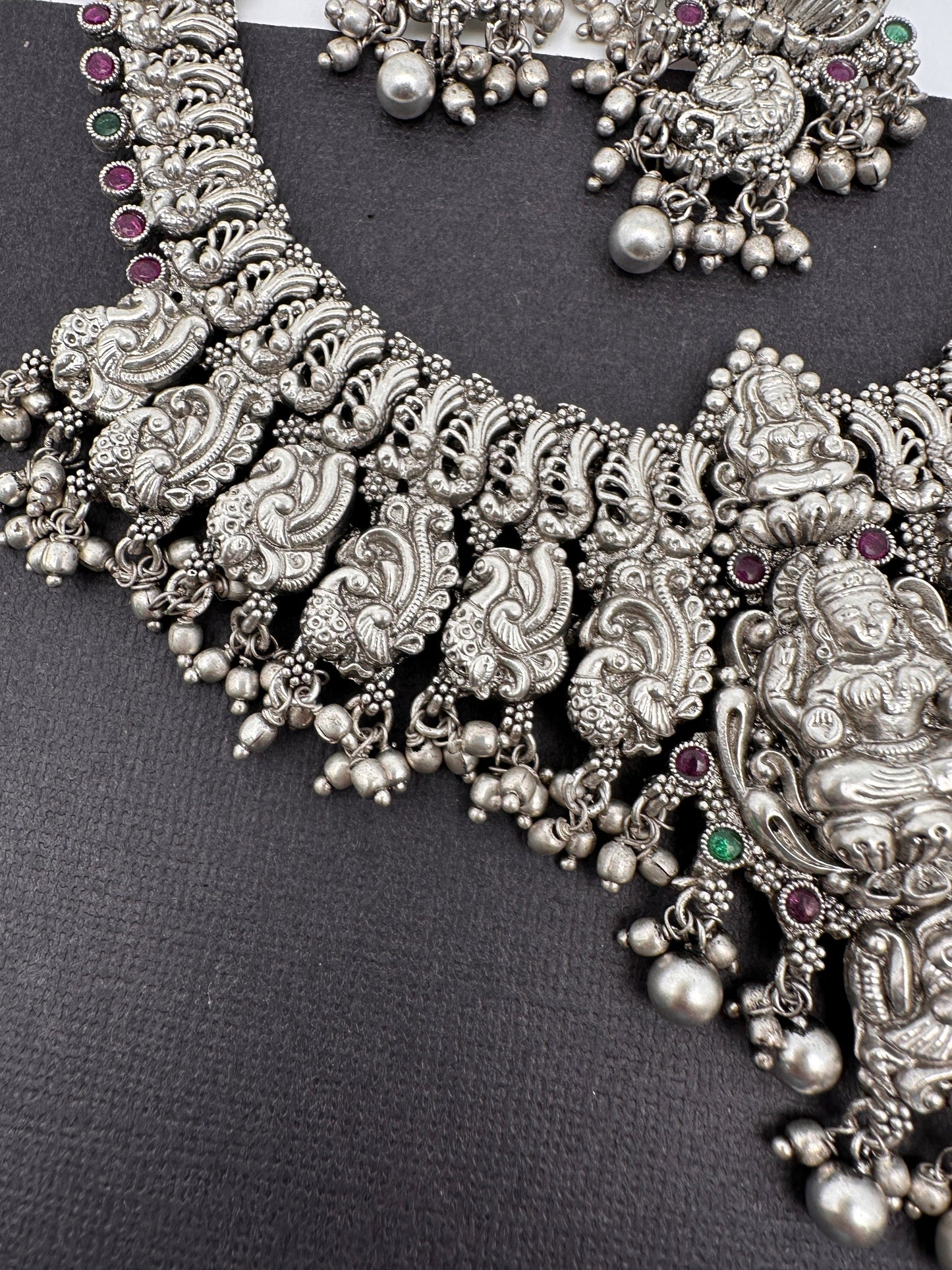 Goddess Lakshmi Peacock Silver Replica Short Necklace - Silver