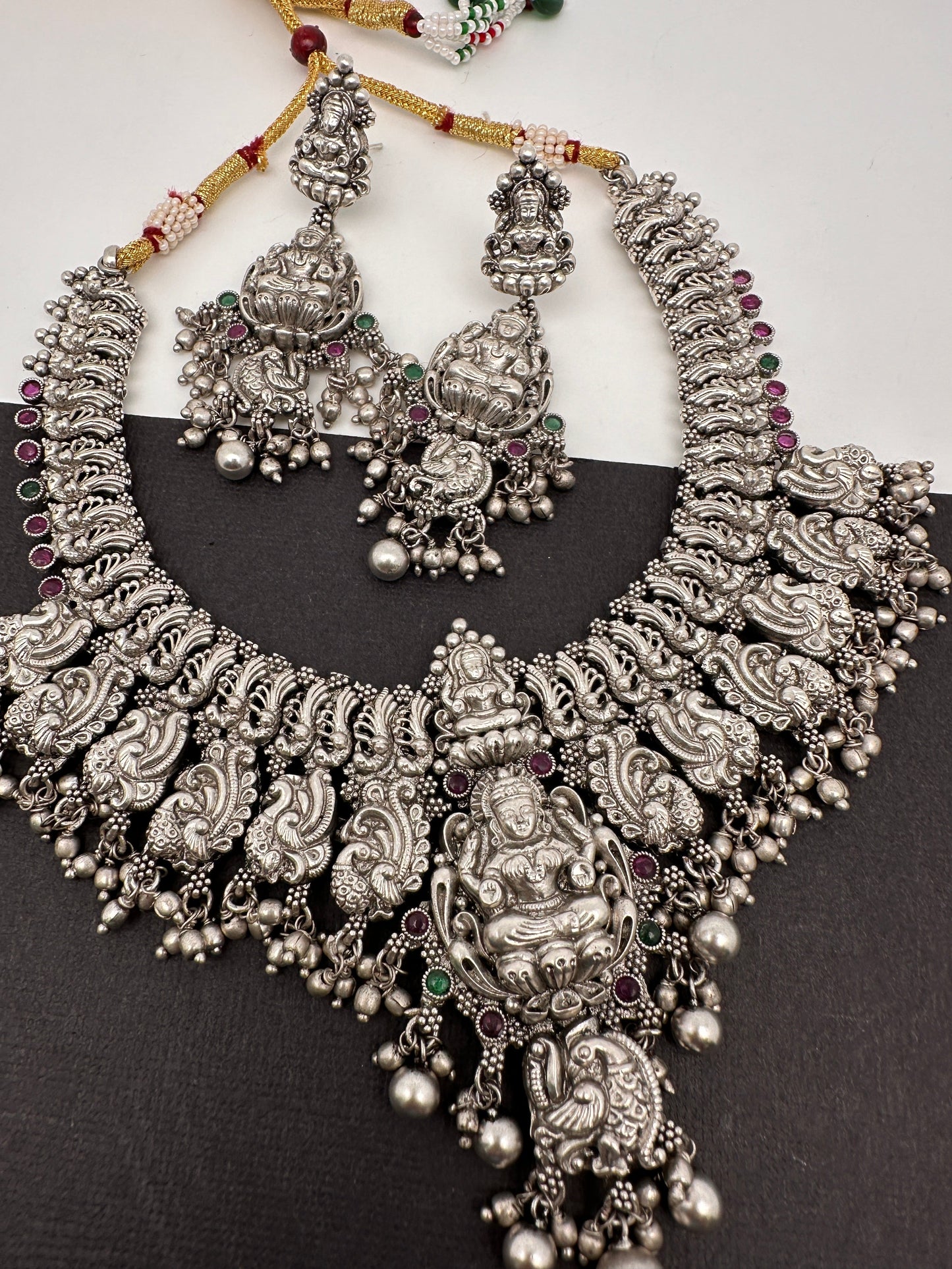 Goddess Lakshmi Peacock Silver Replica Short Necklace - Silver