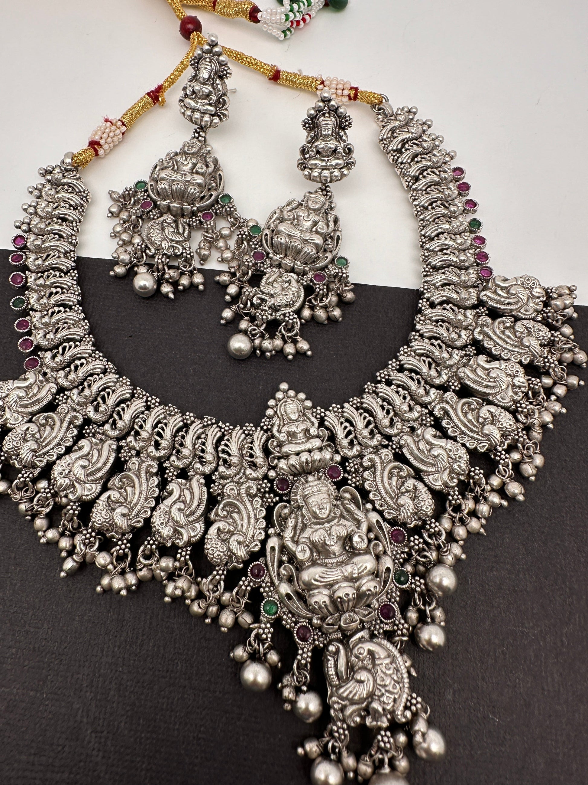 Goddess Lakshmi Peacock Silver Replica Short Necklace - Silver