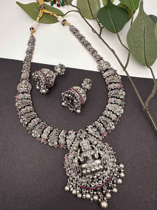 Goddess Lakshmi Elephant Oxidized Long Necklace