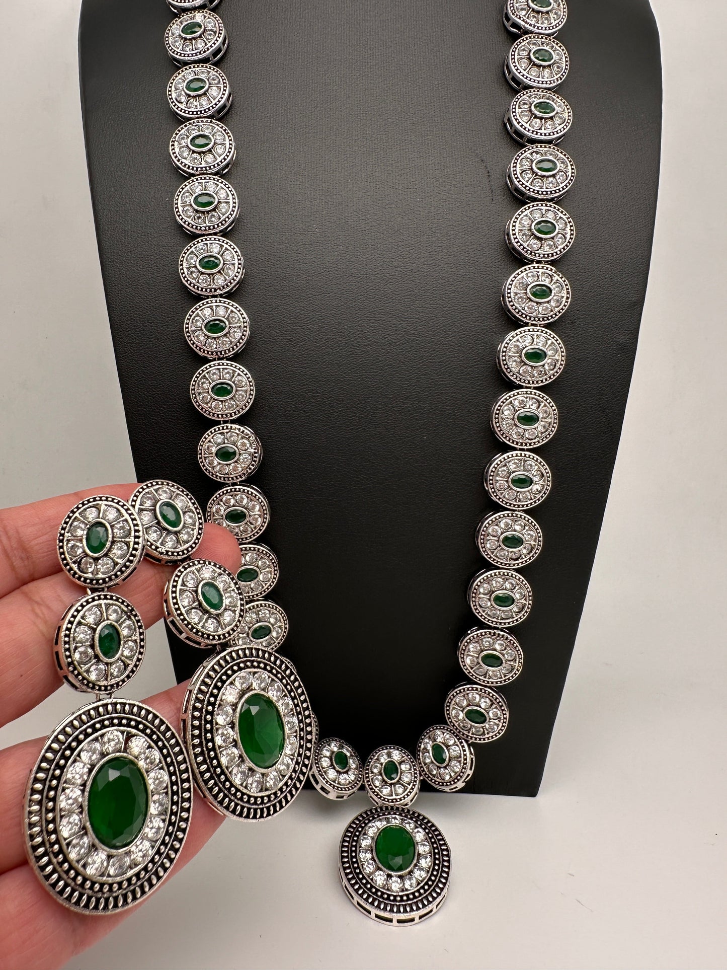 Oxidized Green AD Long Necklace