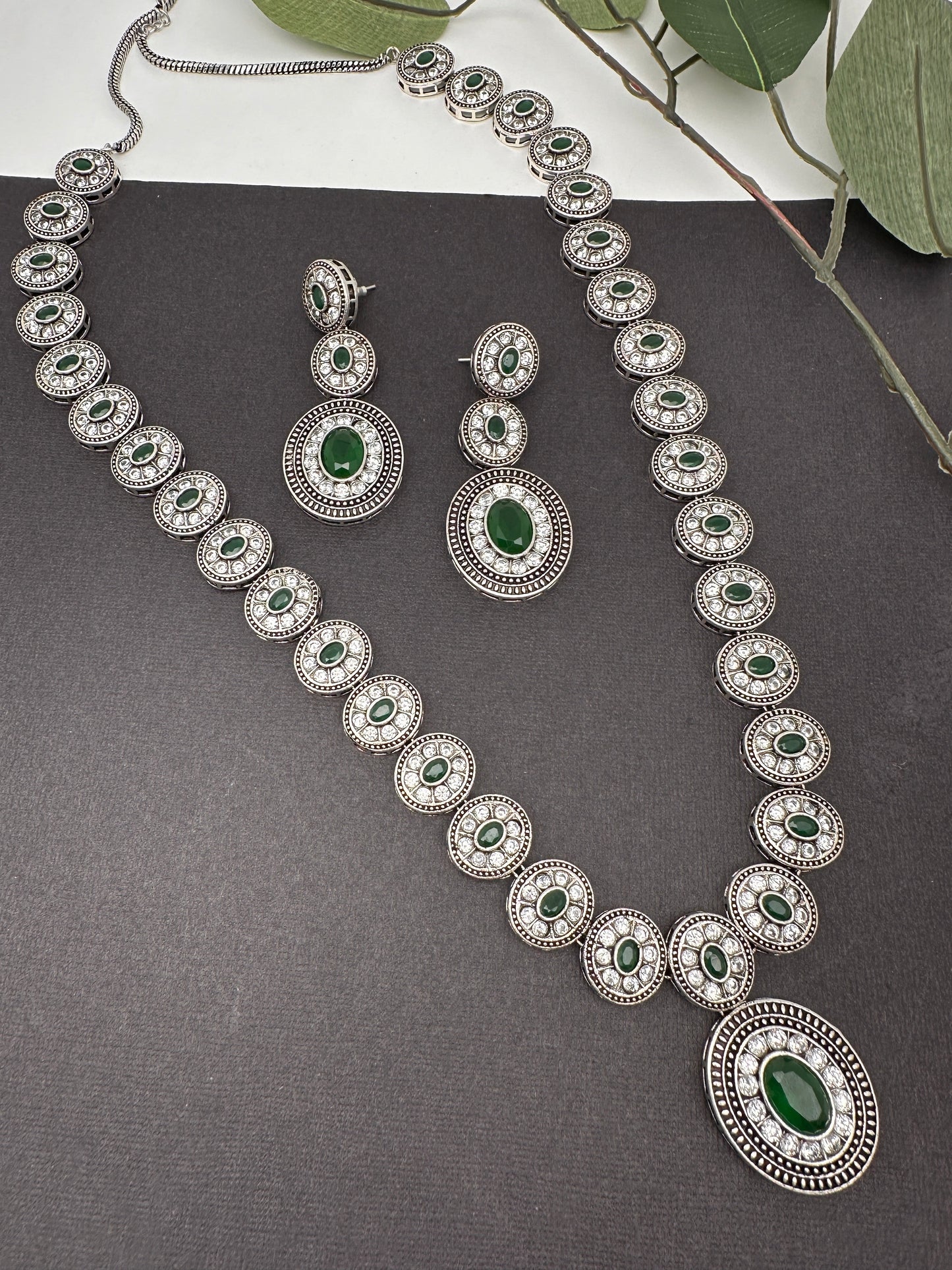 Oxidized Green AD Long Necklace