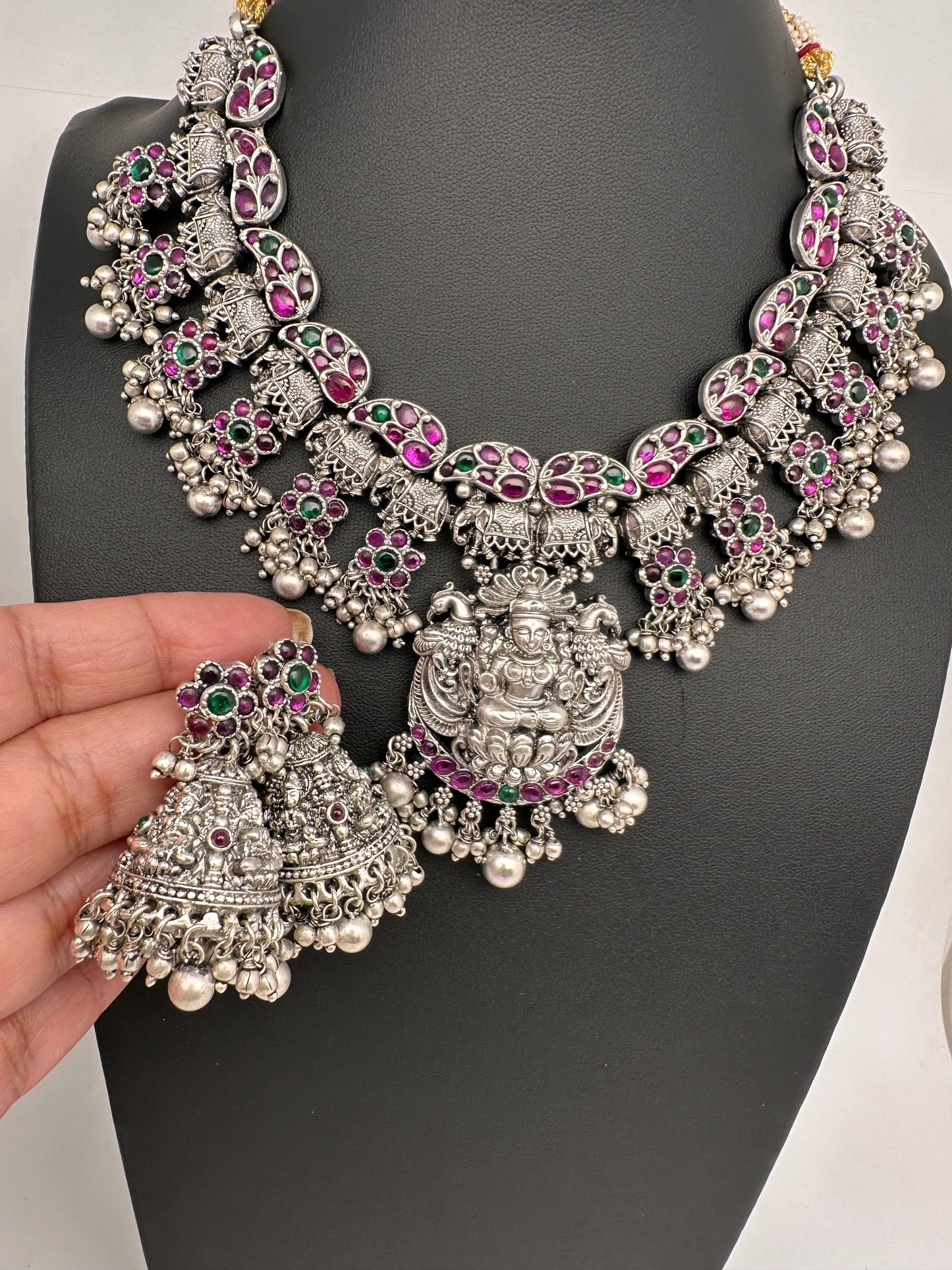 Goddess lakshmi Elephant Potta Stones Oxidized German Silver Necklace