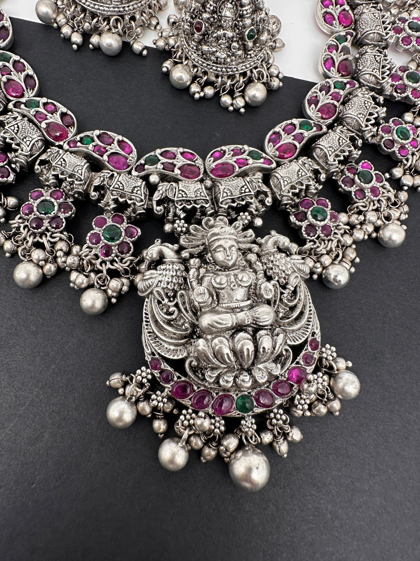 Goddess lakshmi Elephant Potta Stones Oxidized German Silver Necklace