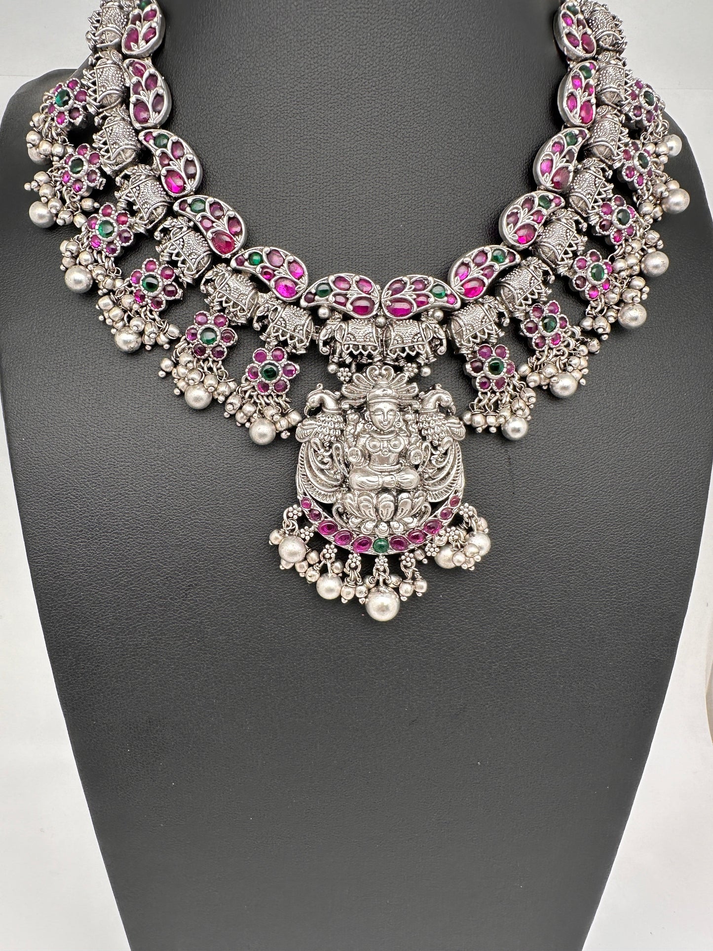 Goddess lakshmi Elephant Potta Stones Oxidized German Silver Necklace