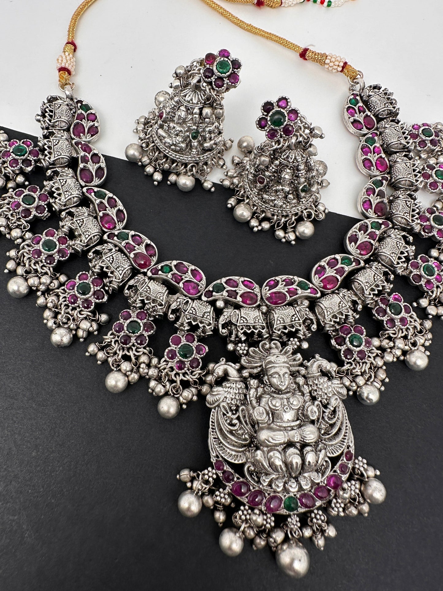 Goddess lakshmi Elephant Potta Stones Oxidized German Silver Necklace