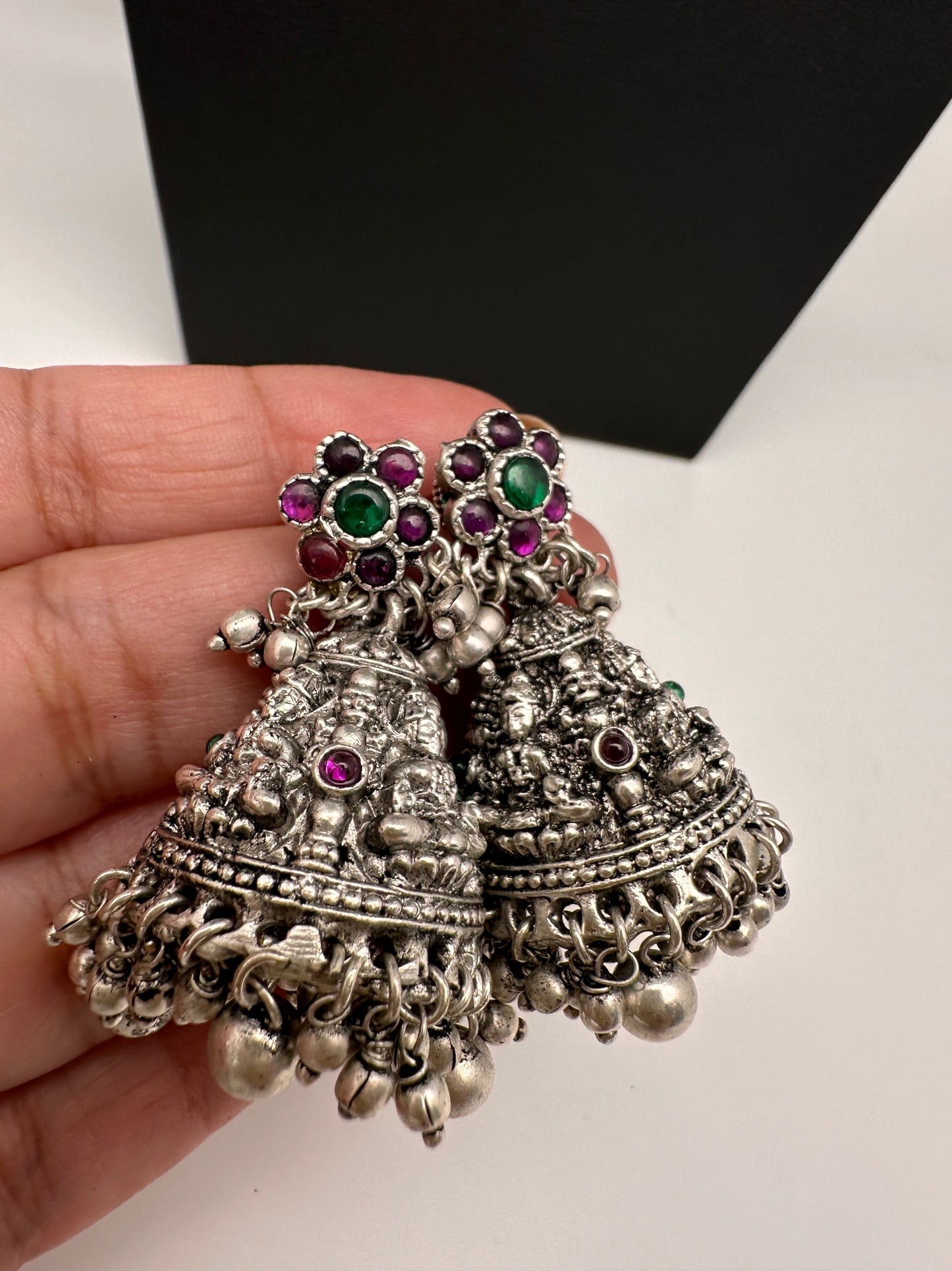 Goddess lakshmi Elephant Potta Stones Oxidized German Silver Necklace